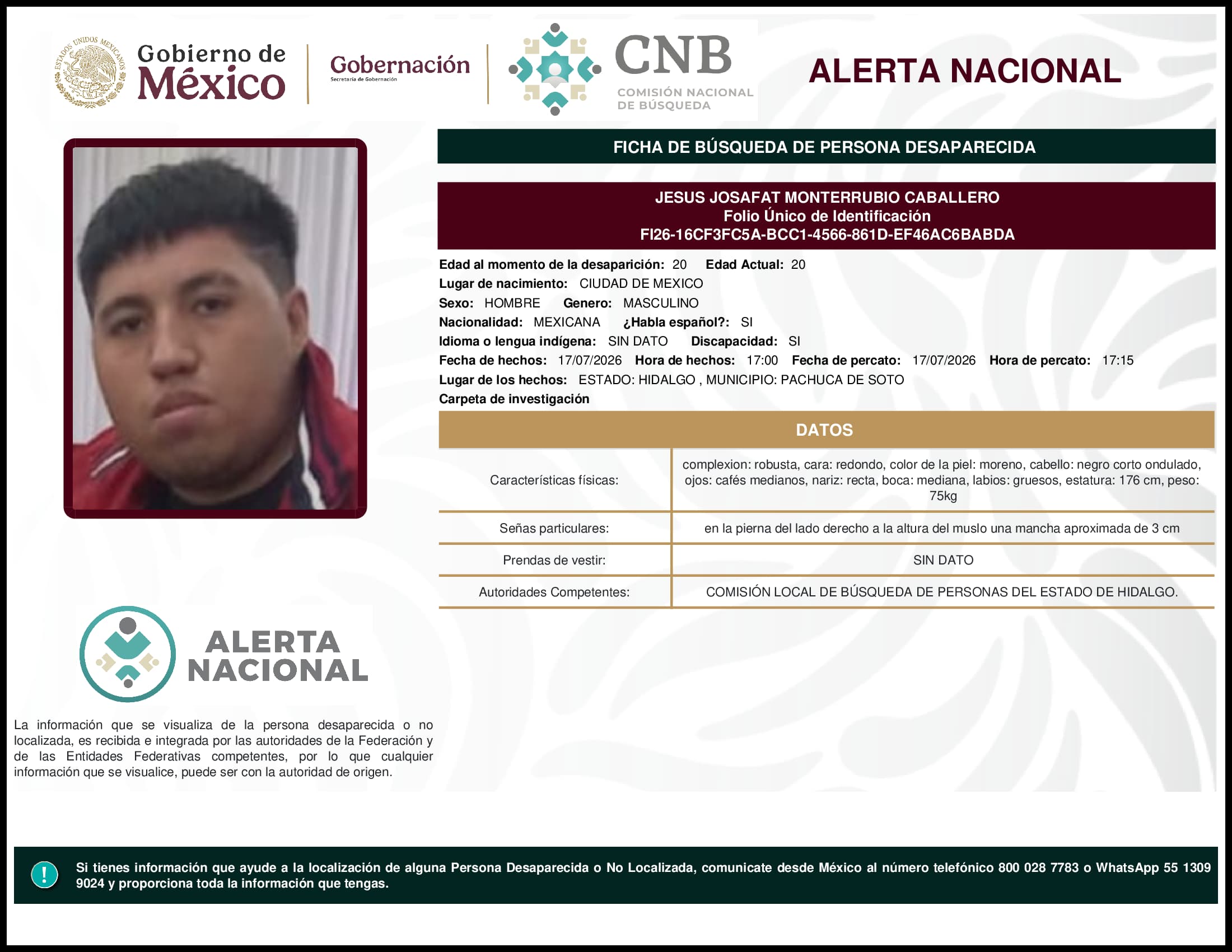 Persona desaparecida Jesus Josafat Monterrubio Caballero