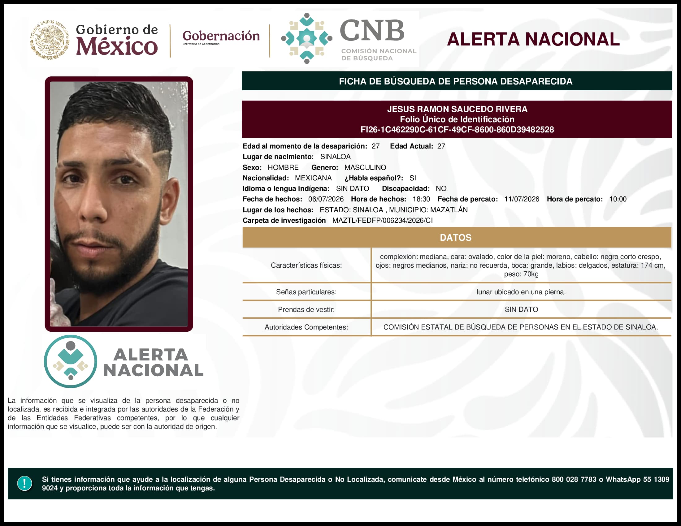 Persona desaparecida Jesus Ramon Saucedo Rivera