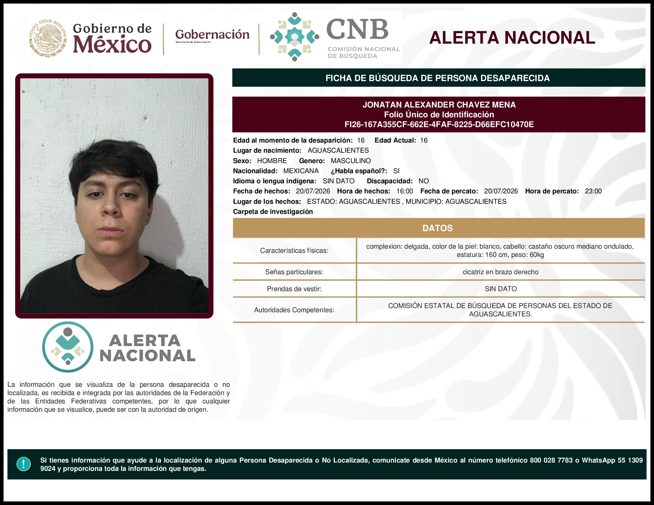 Persona desaparecida Jonatan Alexander Chavez Mena