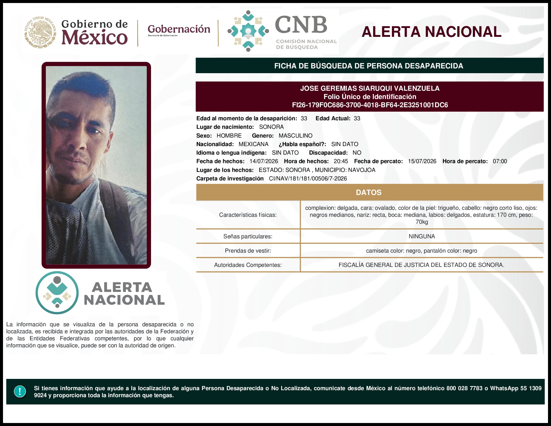 Persona desaparecida Jose Geremias Siaruqui Valenzuela