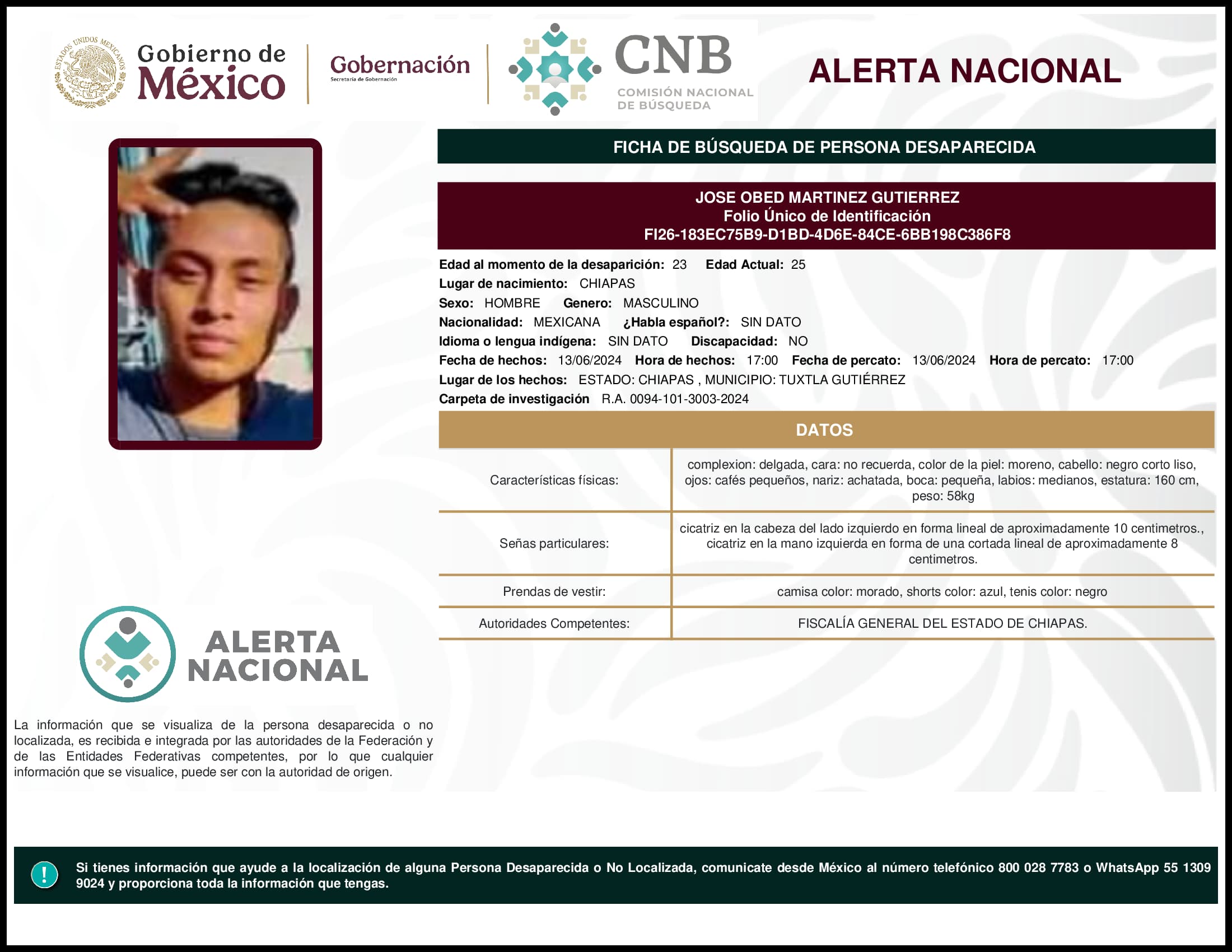 Persona desaparecida Jose Obed Martinez Gutierrez