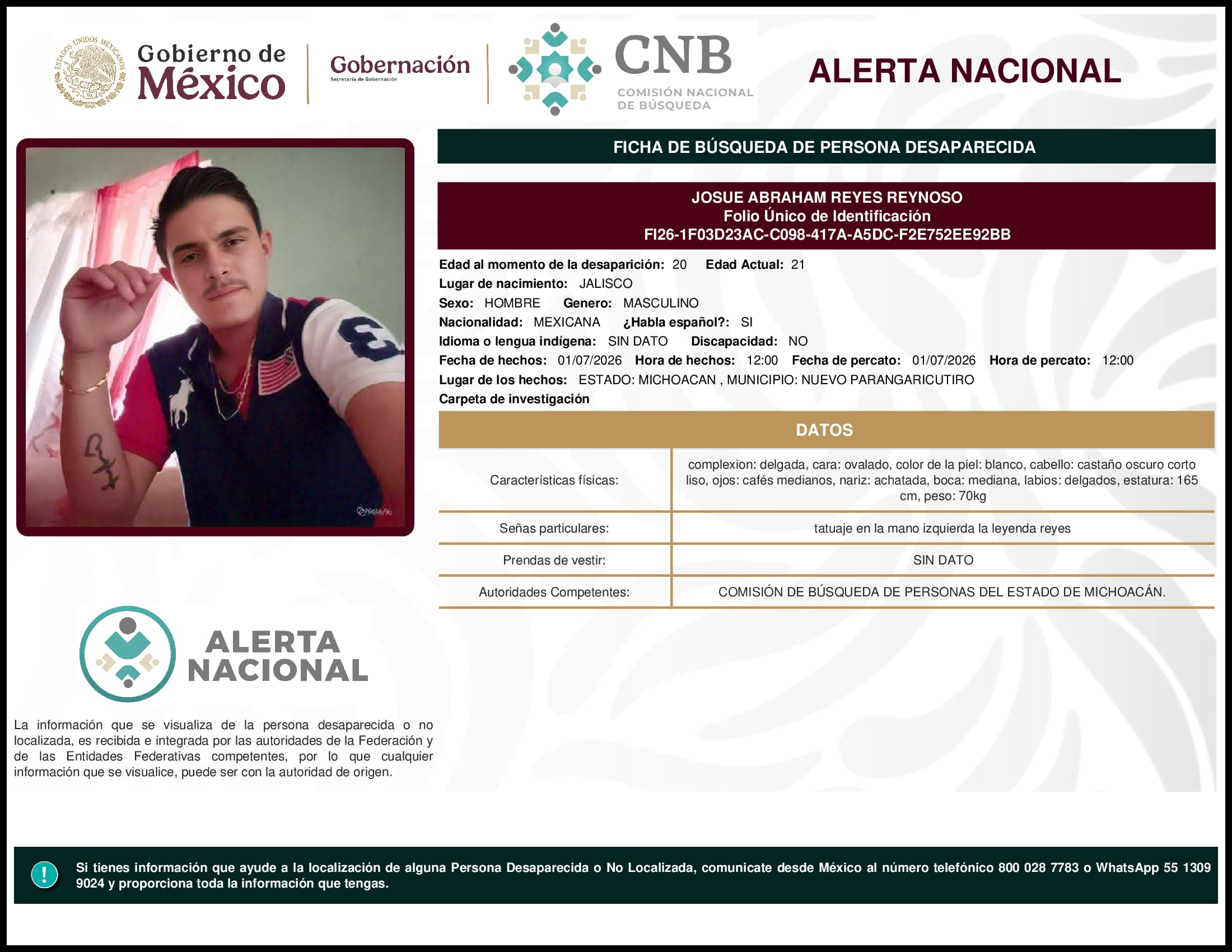 Persona desaparecida Josue Abraham Reyes Reynoso