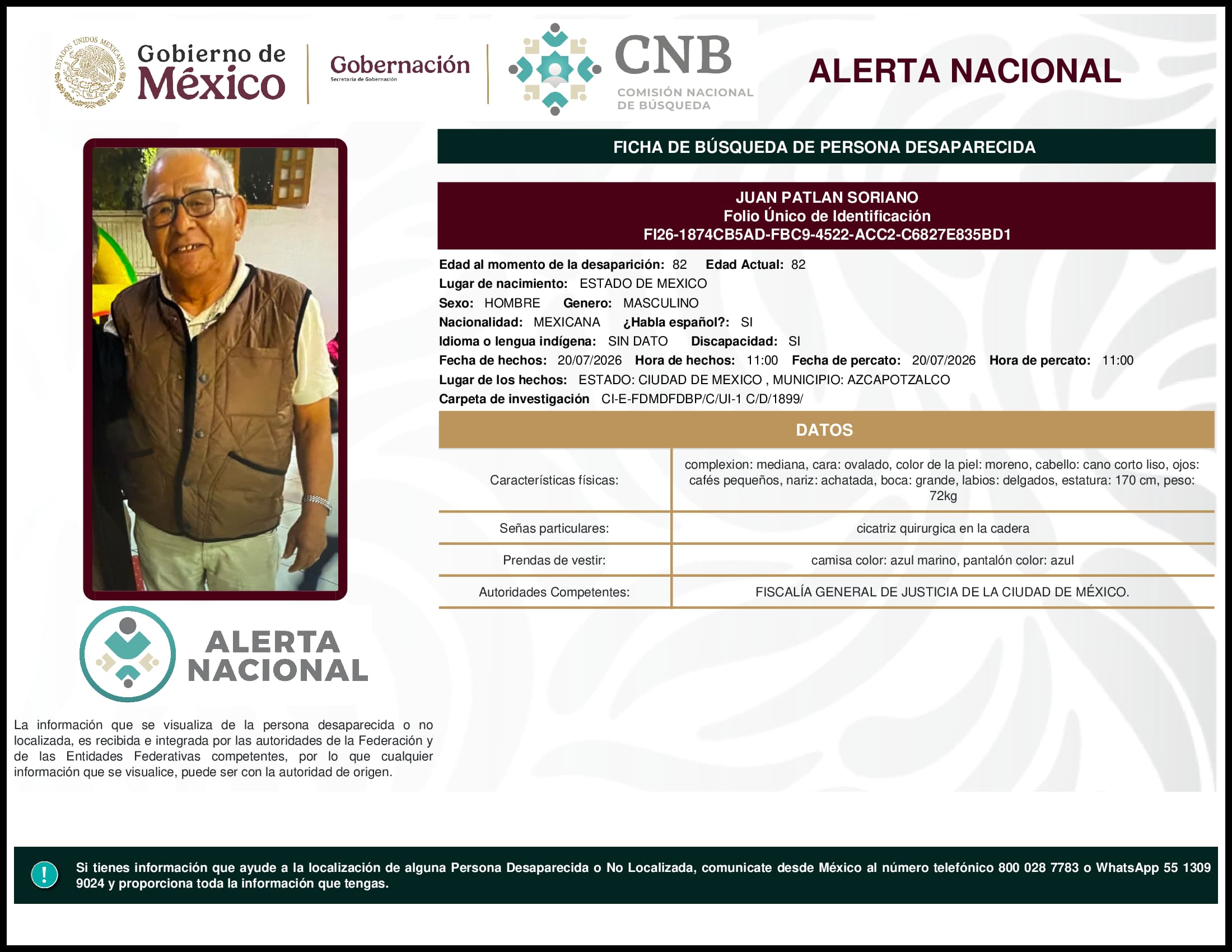 Persona desaparecida Juan Patlan Soriano