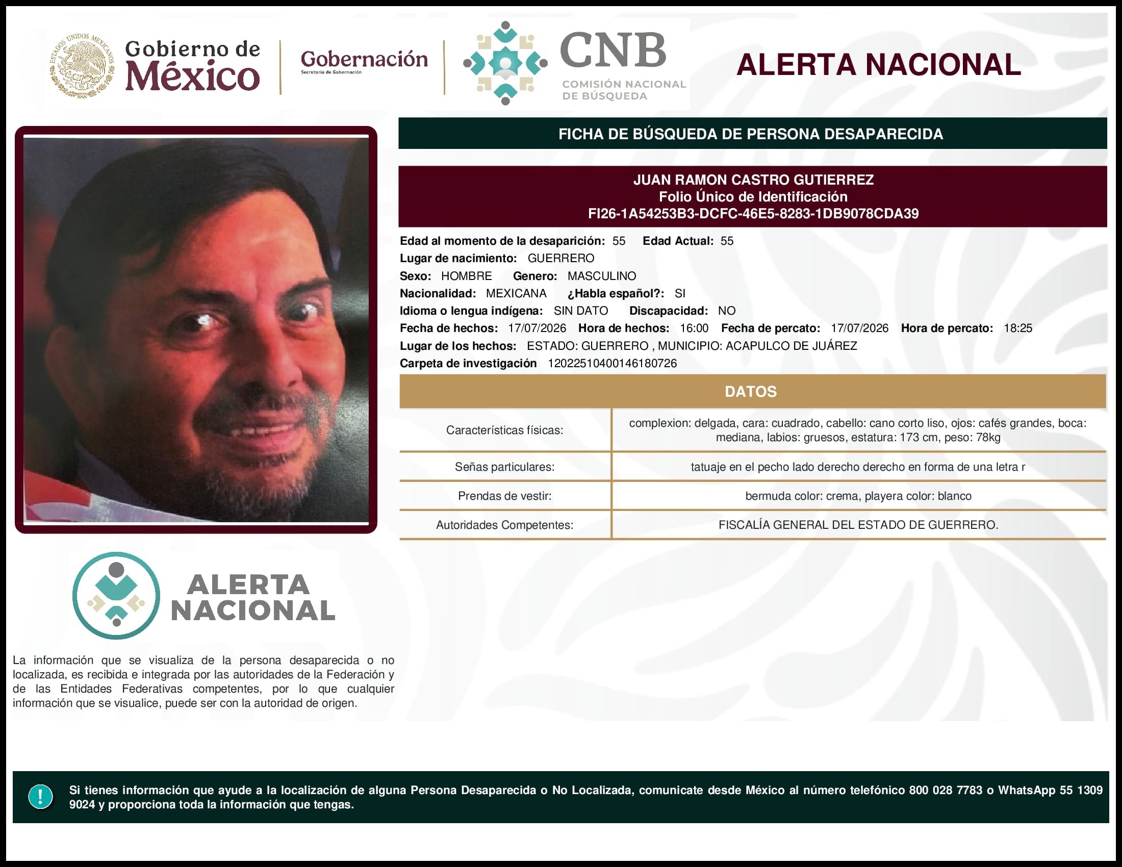 Persona desaparecida Juan Ramon Castro Gutierrez