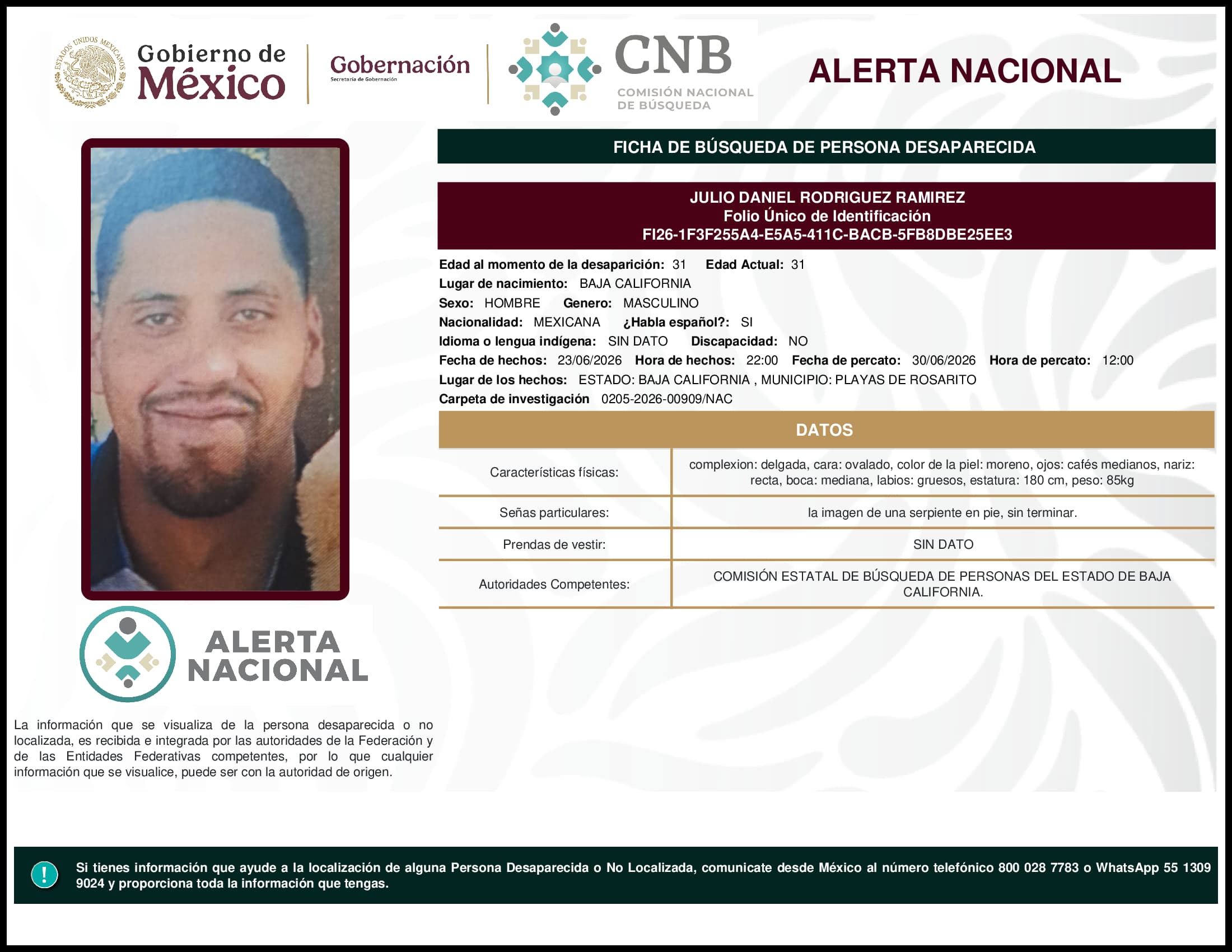 Persona desaparecida Julio Daniel Rodriguez Ramirez
