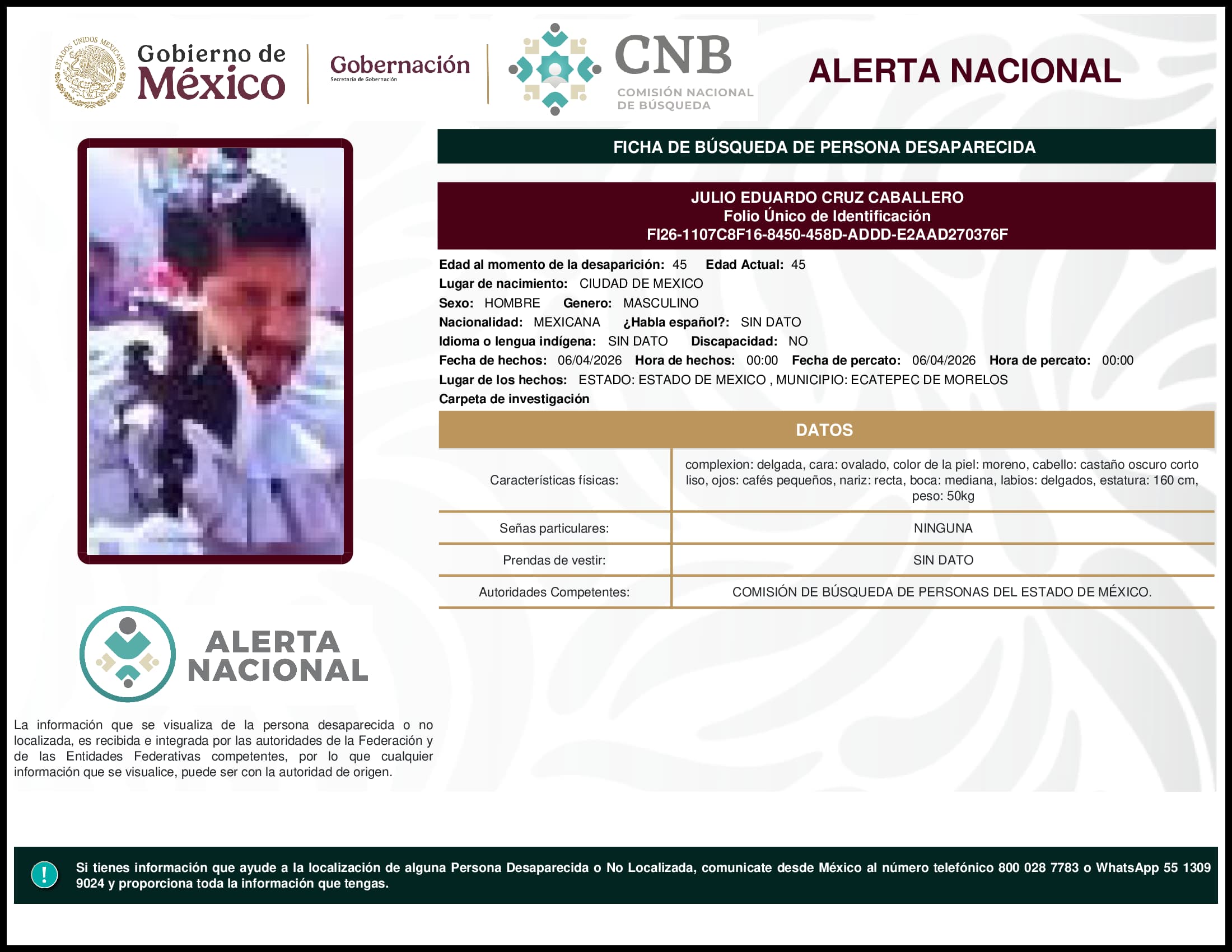 Persona desaparecida Julio Eduardo Cruz Caballero