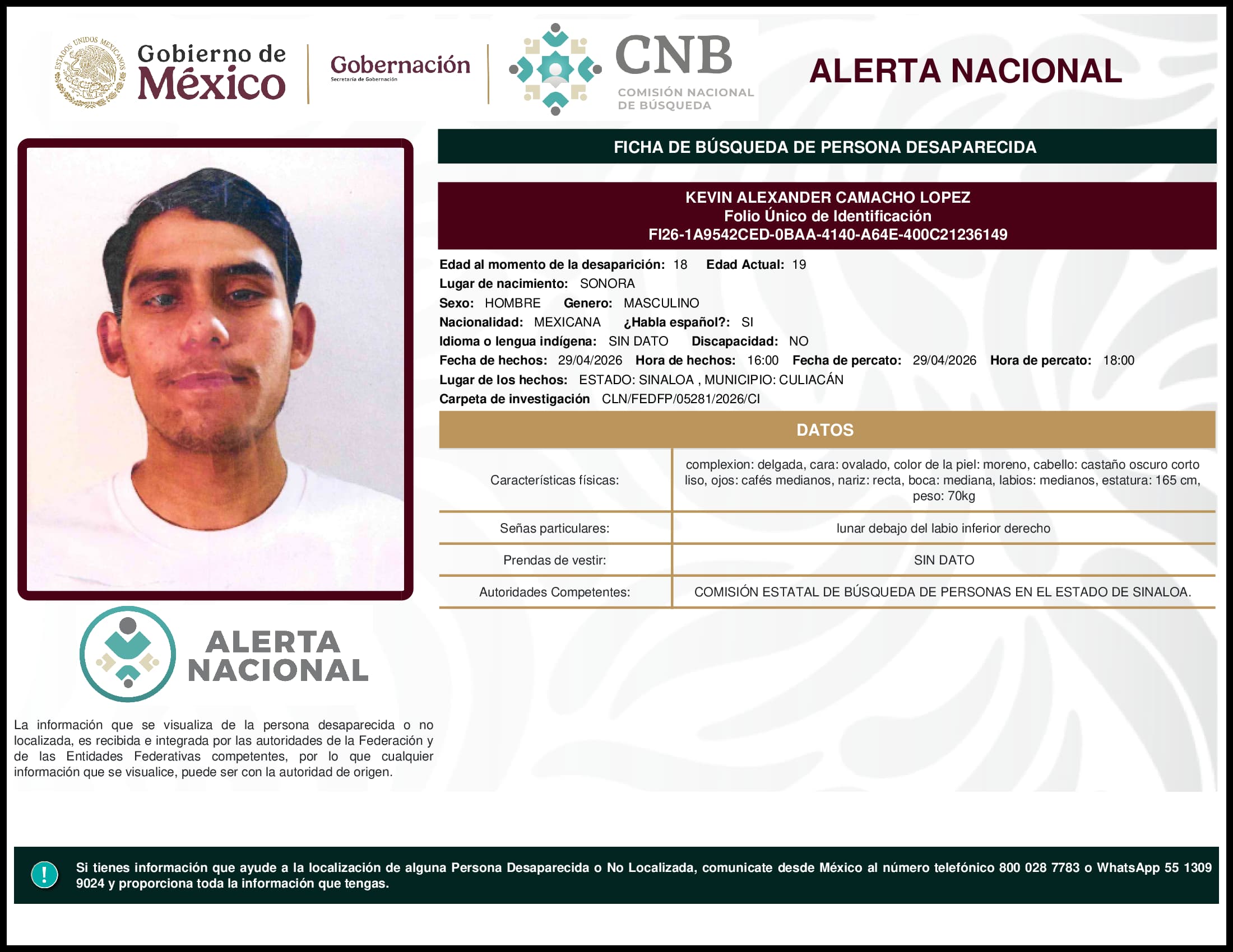 Persona desaparecida Kevin Alexander Camacho Lopez