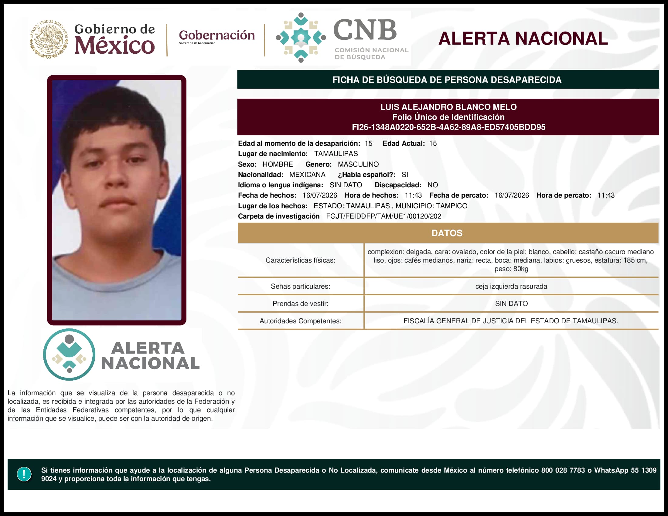 Persona desaparecida Luis Alejandro Blanco Melo