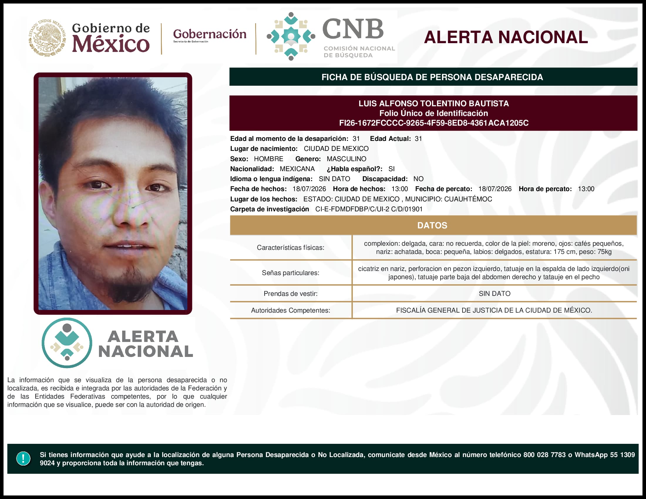 Persona desaparecida Luis Alfonso Tolentino Bautista