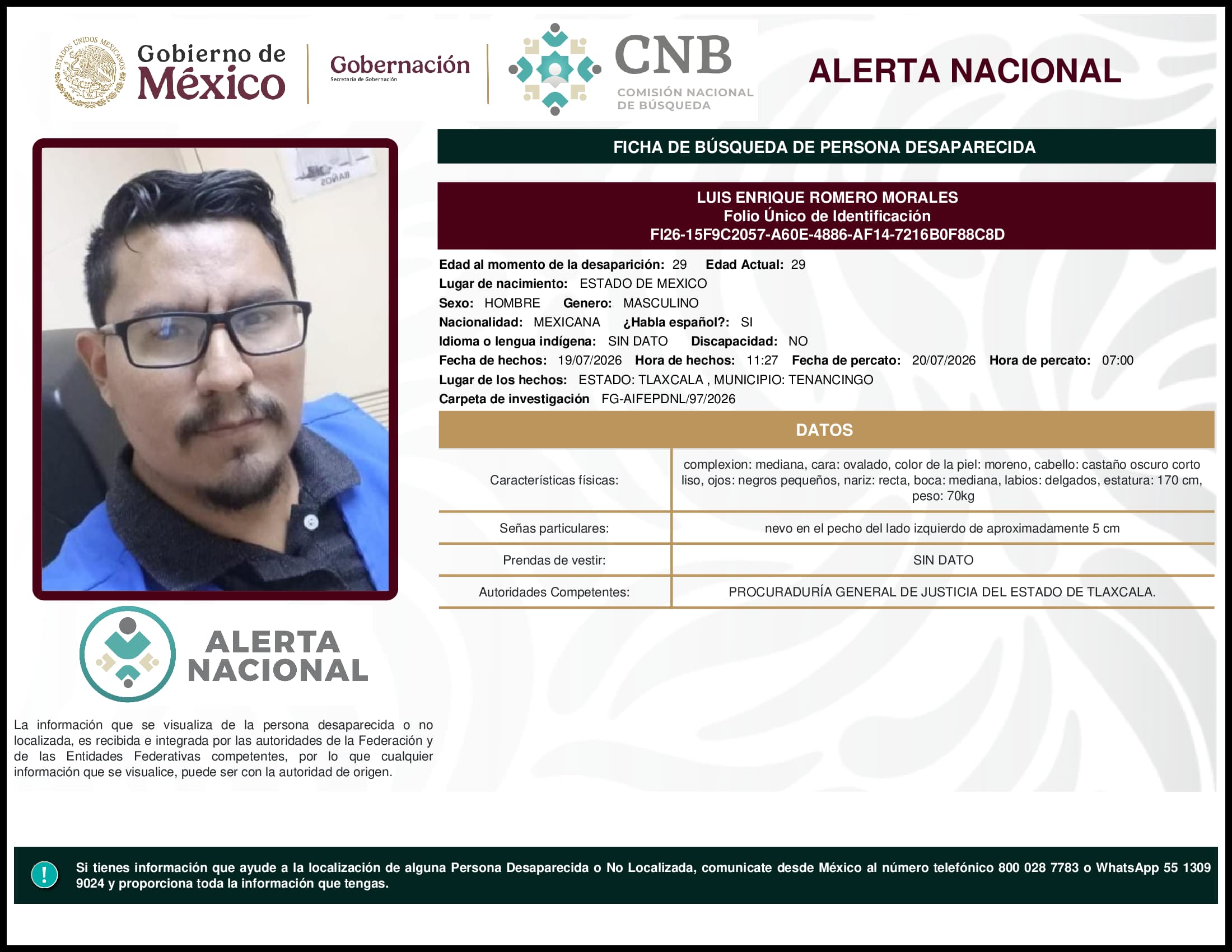 Persona desaparecida Luis Enrique Romero Morales