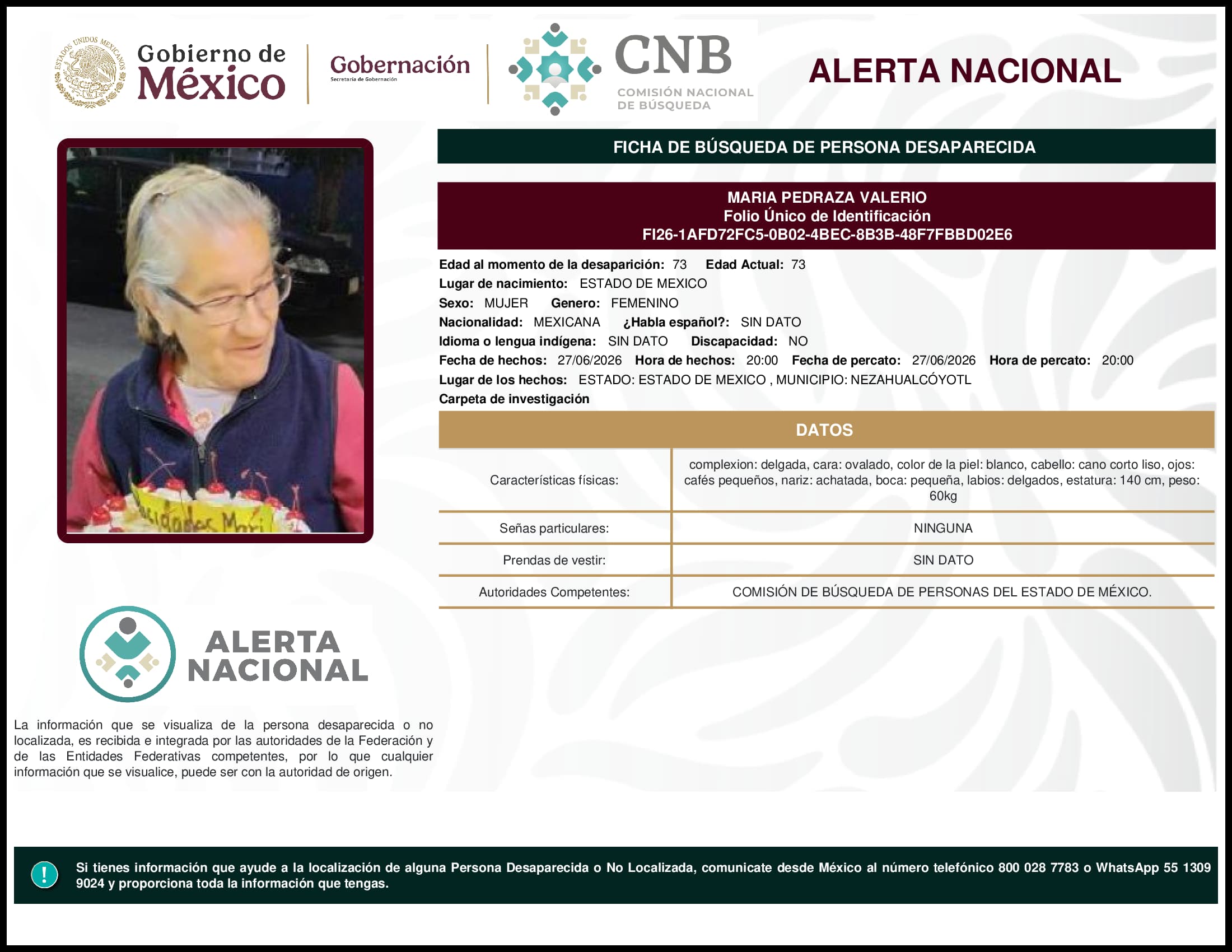 Persona desaparecida Maria Pedraza Valerio