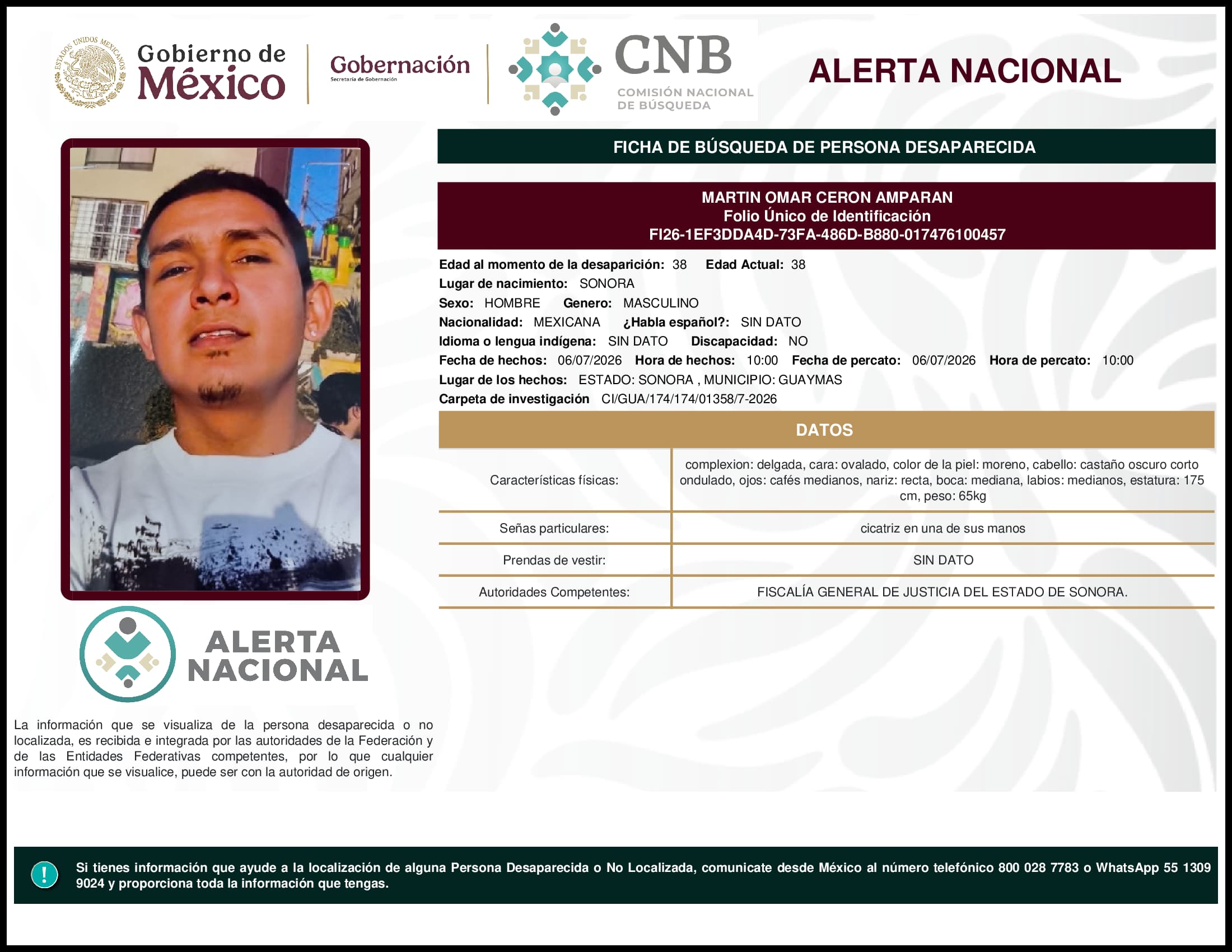 Persona desaparecida Martin Omar Ceron Amparan