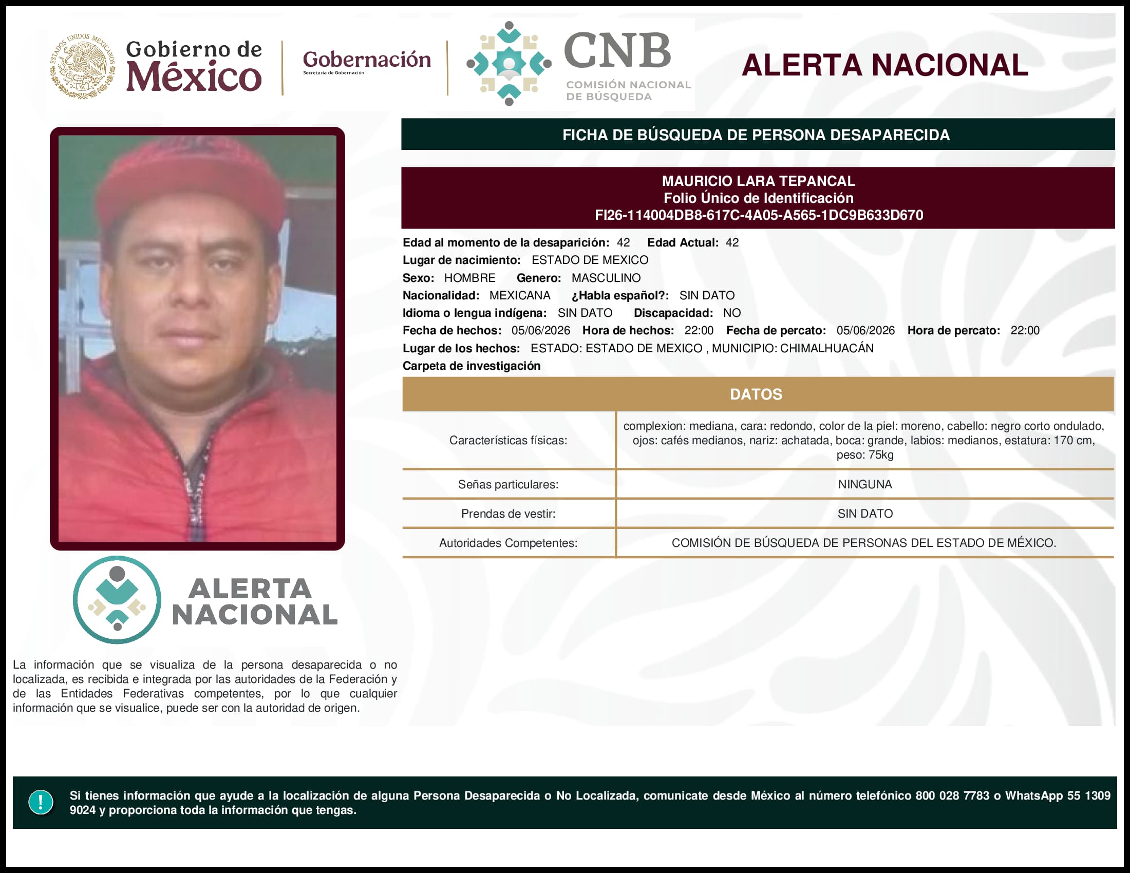 Persona desaparecida Mauricio Lara Tepancal