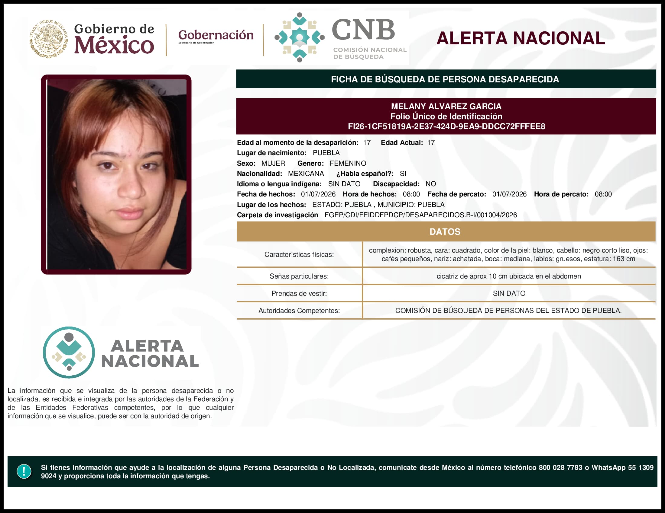 Persona desaparecida Melany Alvarez Garcia