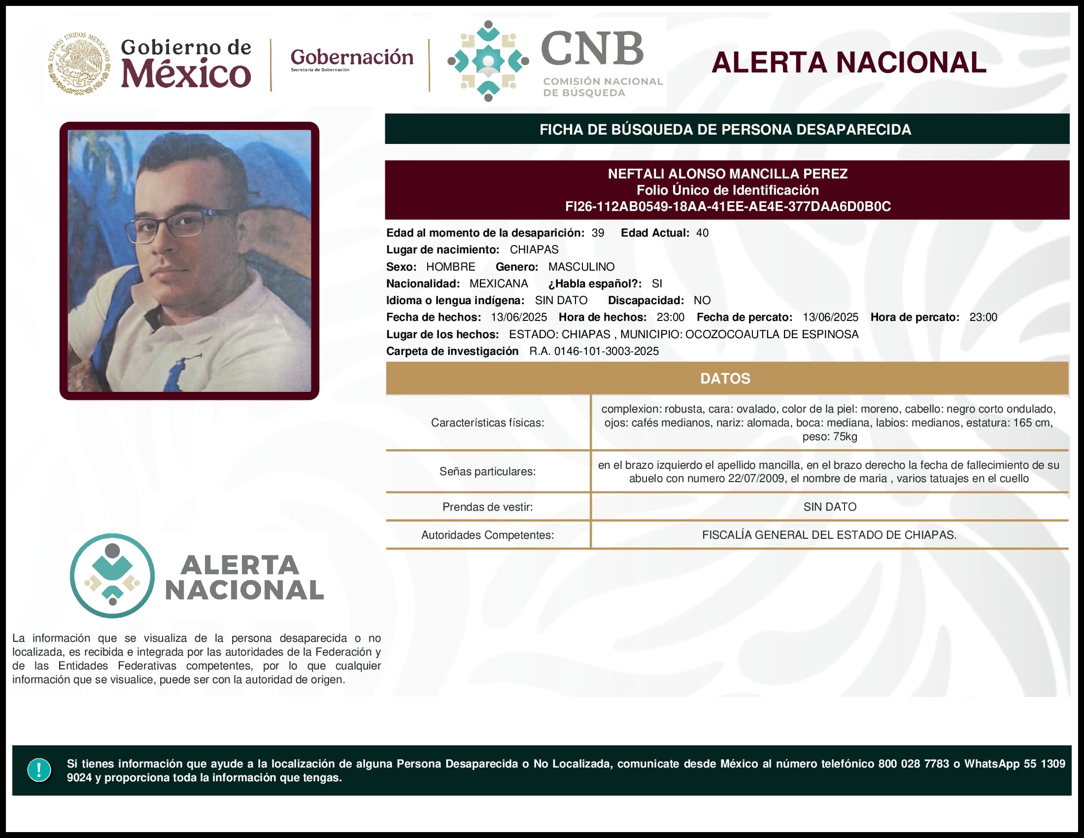 Persona desaparecida Neftali Alonso Mancilla Perez