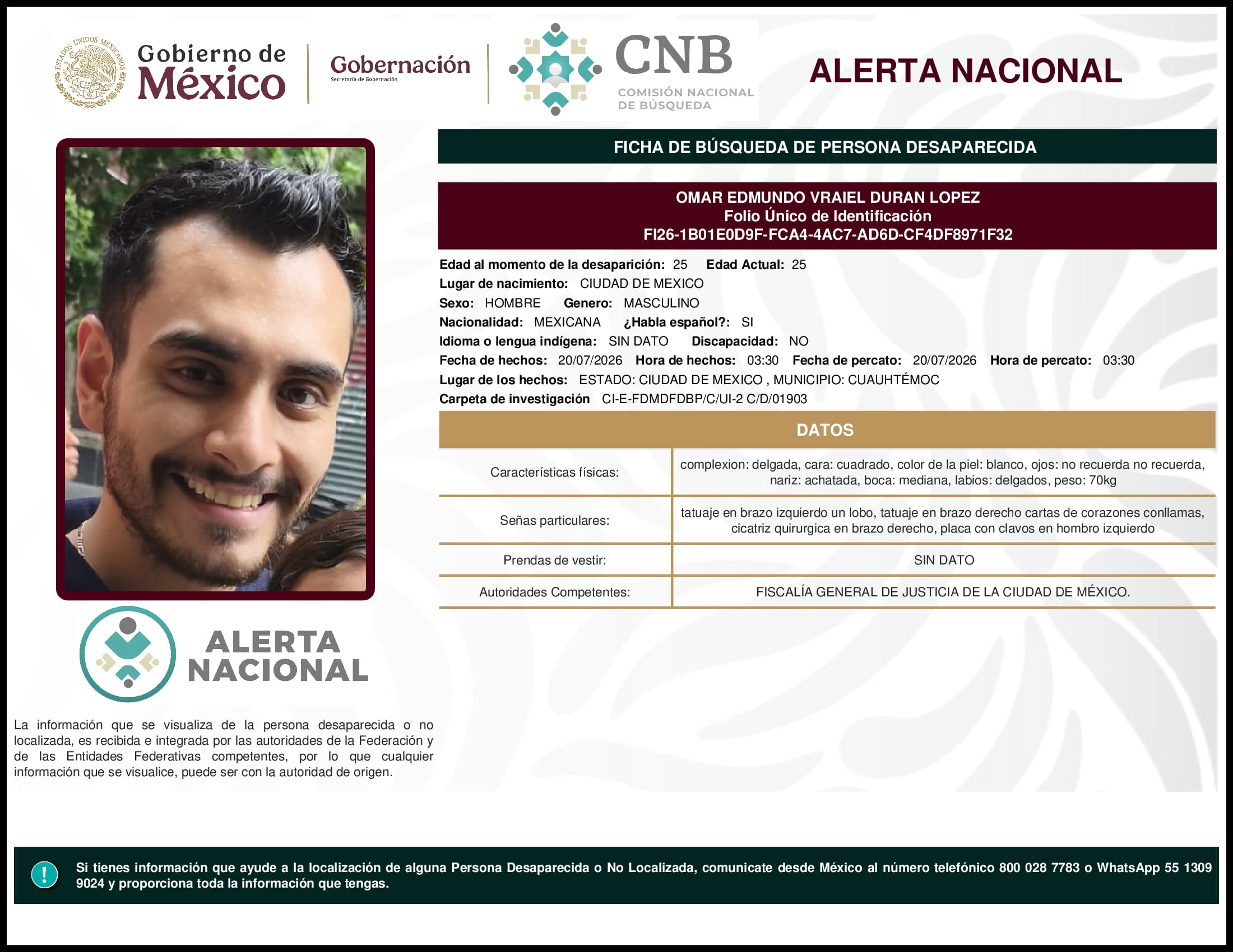 Persona desaparecida Omar Edmundo Vraiel Duran Lopez