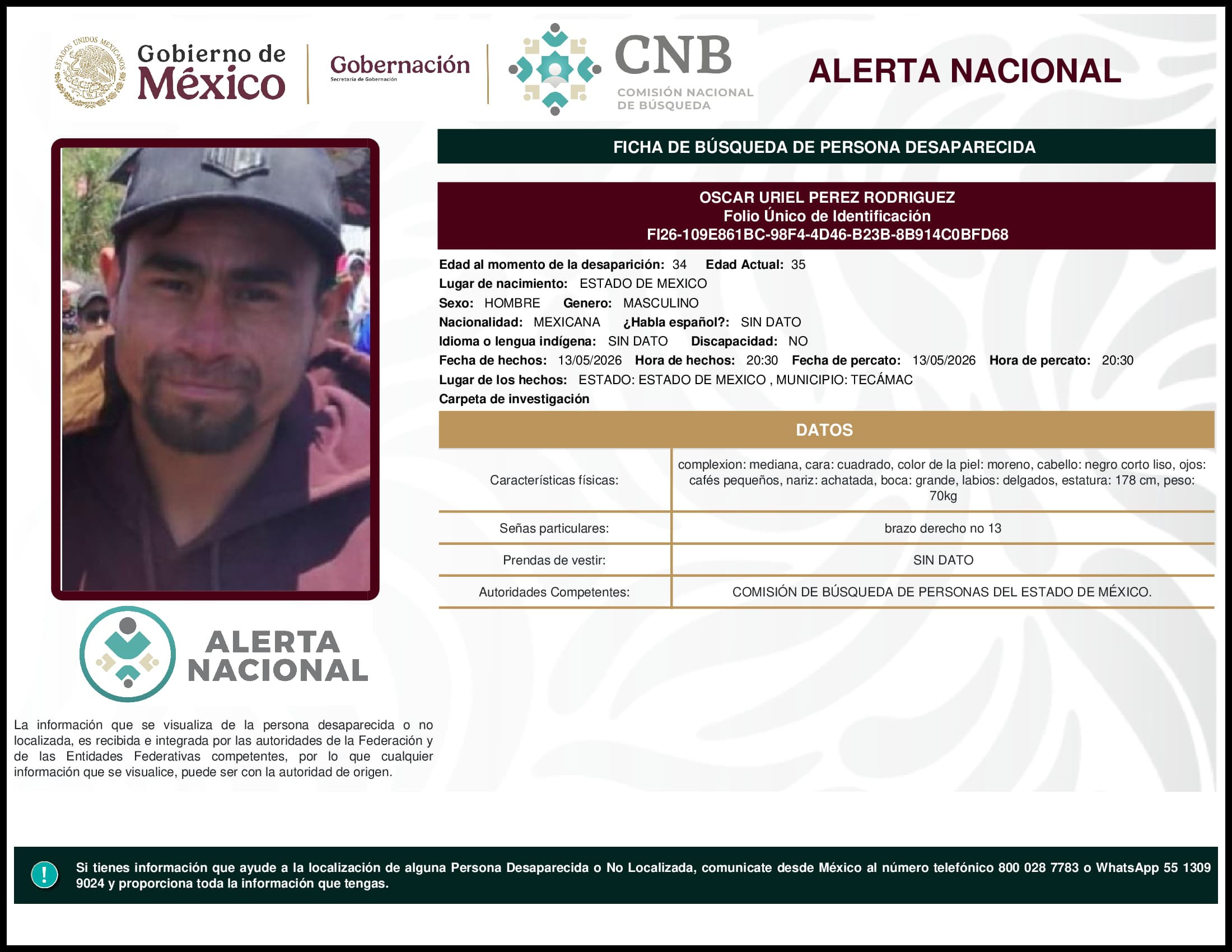 Persona desaparecida Oscar Uriel Perez Rodriguez
