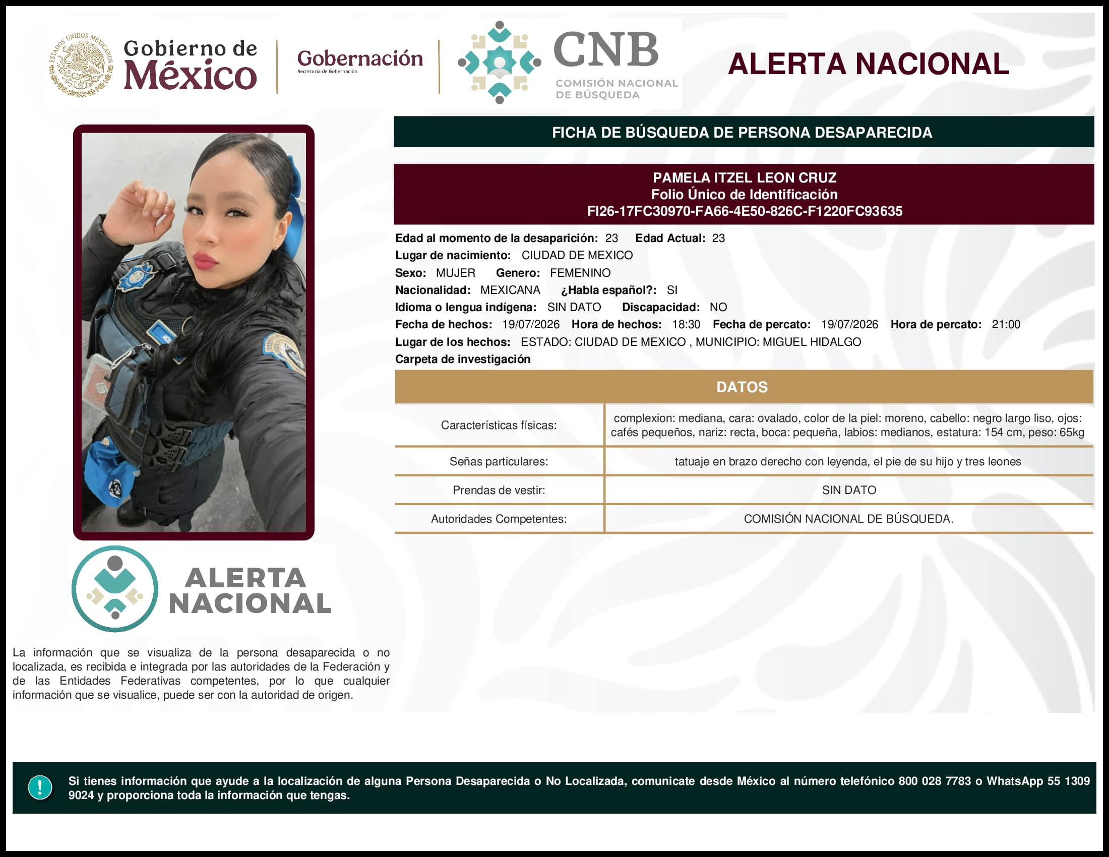 Persona desaparecida Pamela Itzel Leon Cruz