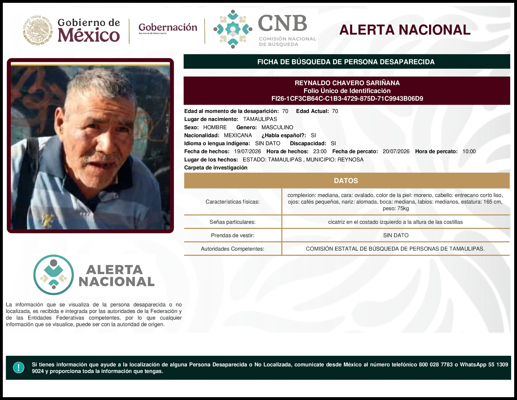 Persona desaparecida Reynaldo Chavero Sarinana