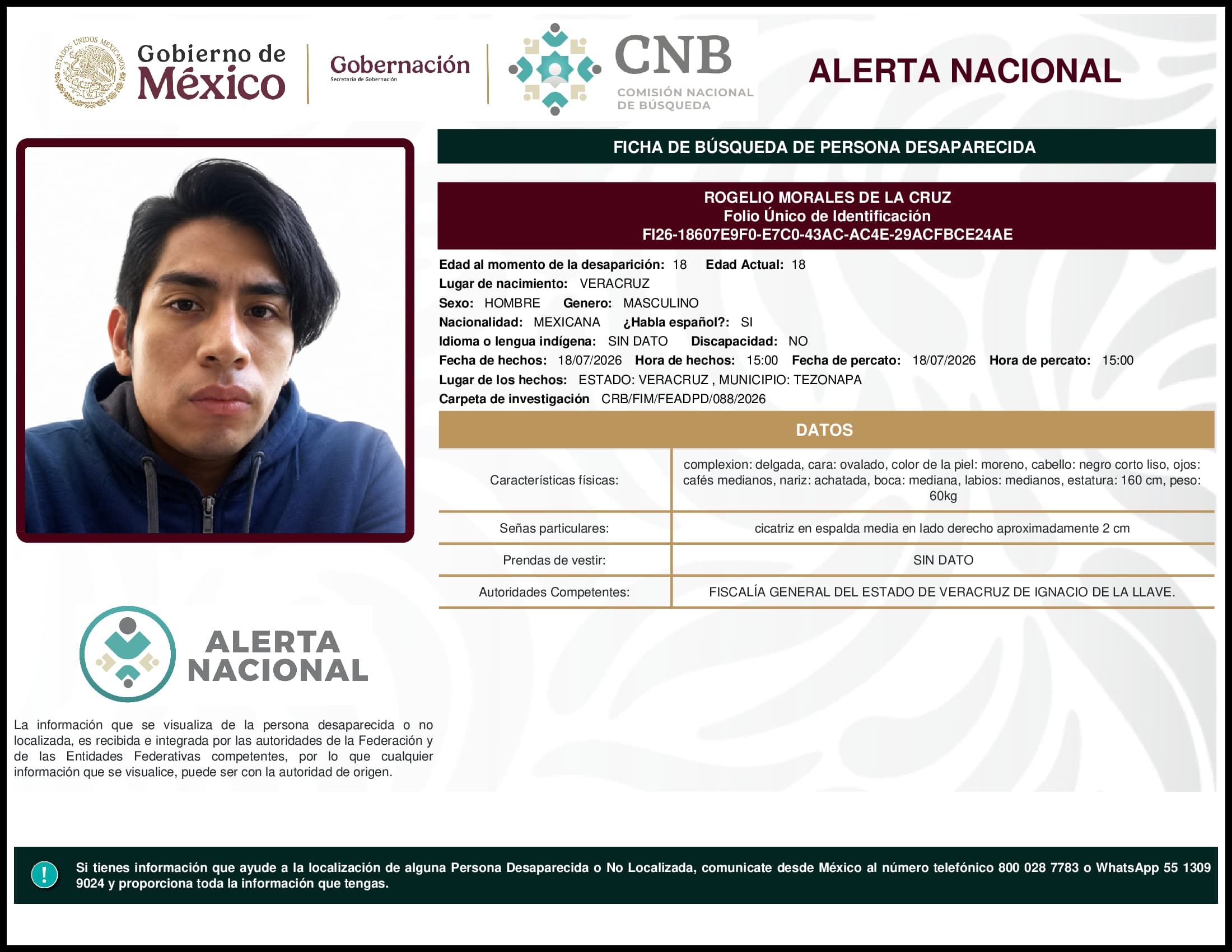Persona desaparecida Rogelio Morales De La Cruz