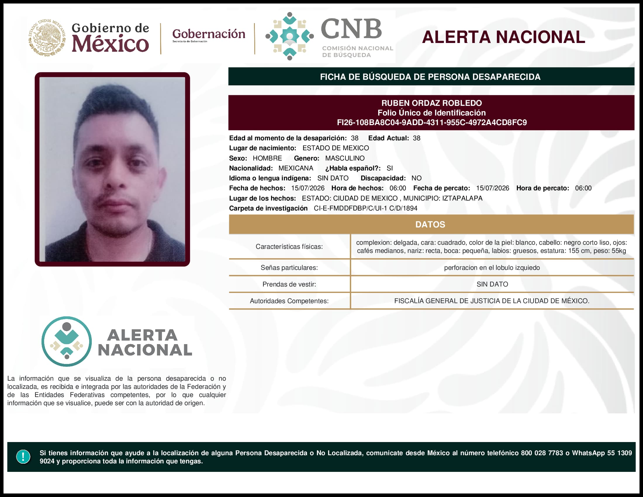 Persona desaparecida Ruben Ordaz Robledo