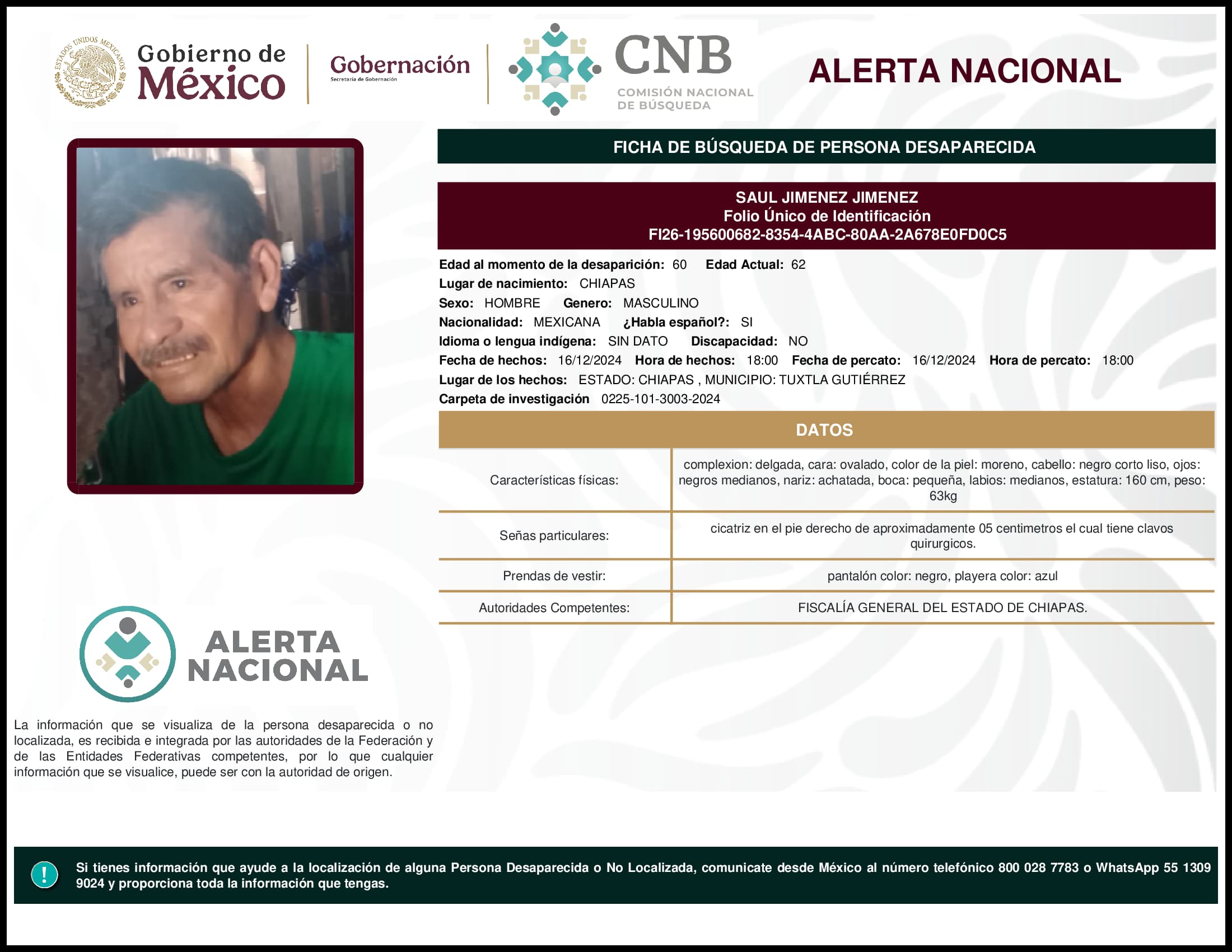 Persona desaparecida Saul Jimenez Jimenez