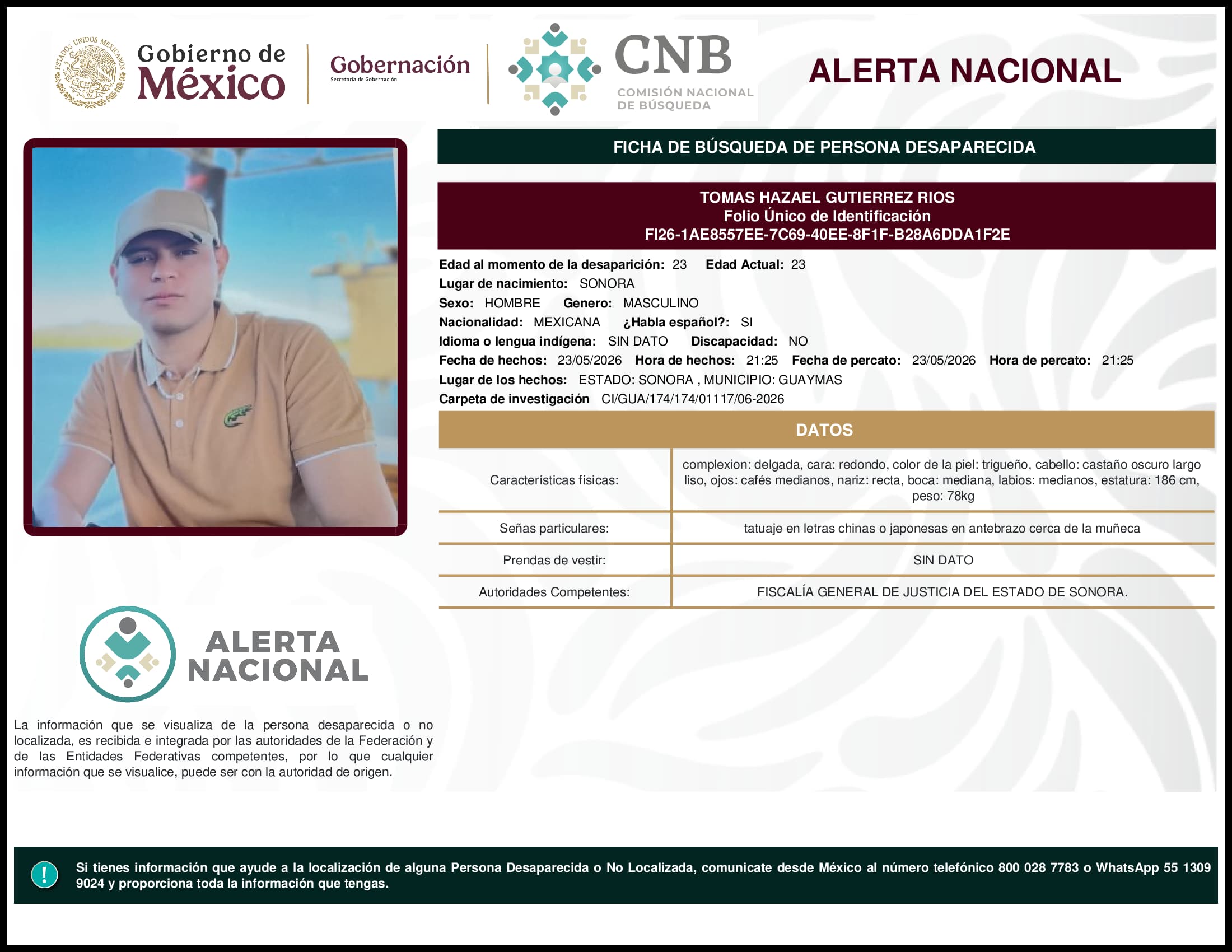 Persona desaparecida Tomas Hazael Gutierrez Rios