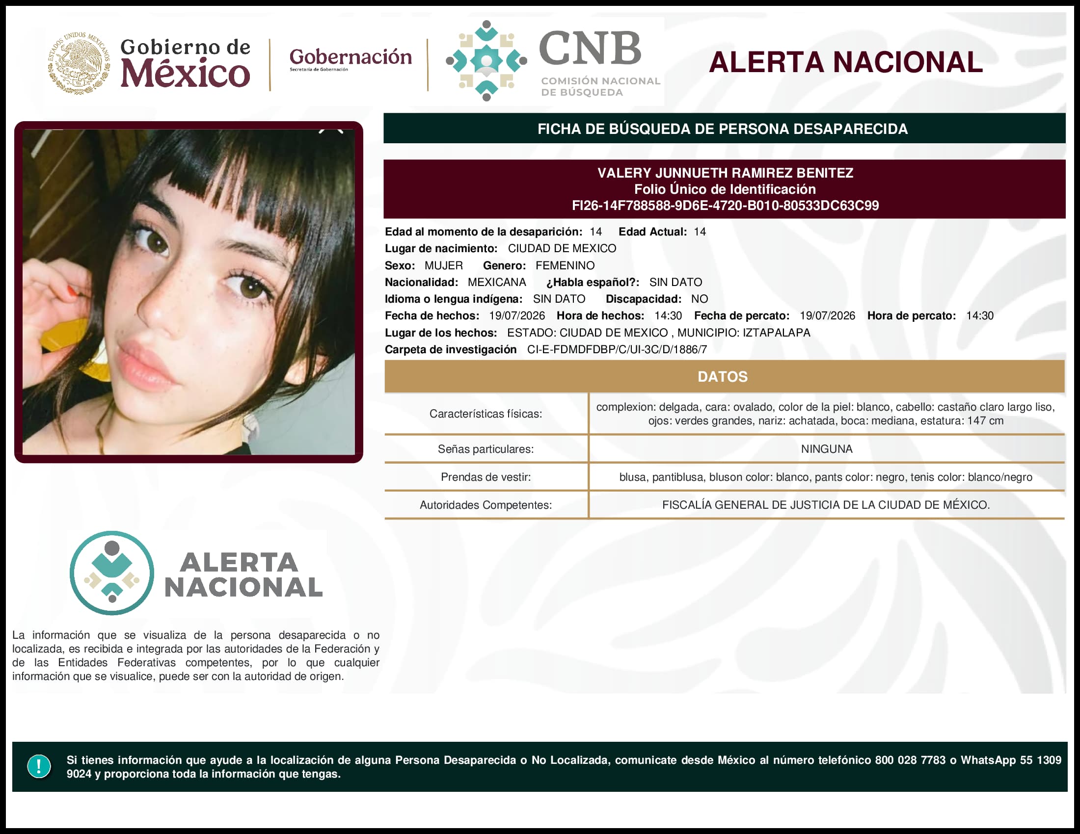 Persona desaparecida Valery Junnueth Ramirez Benitez