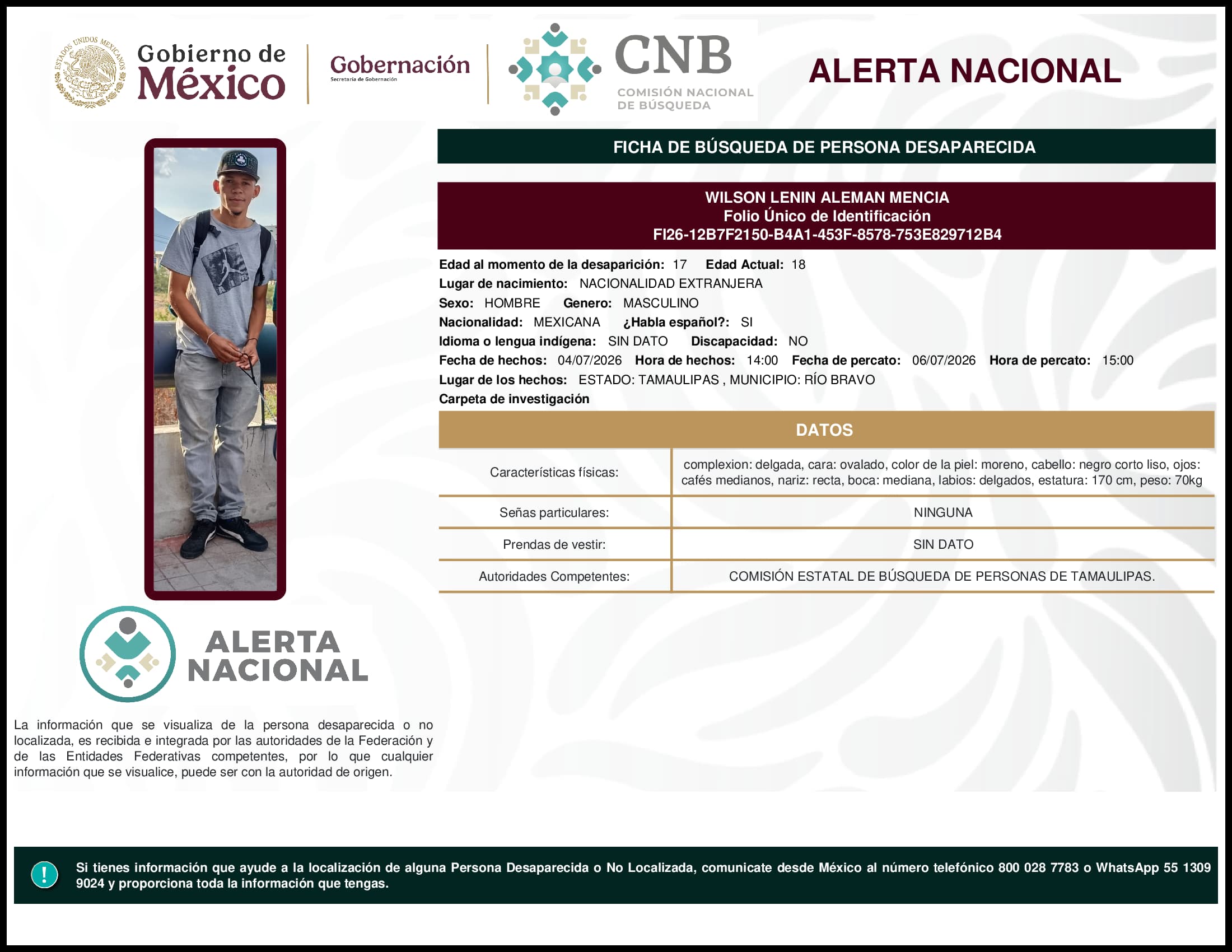 Persona desaparecida Wilson Lenin Aleman Mencia