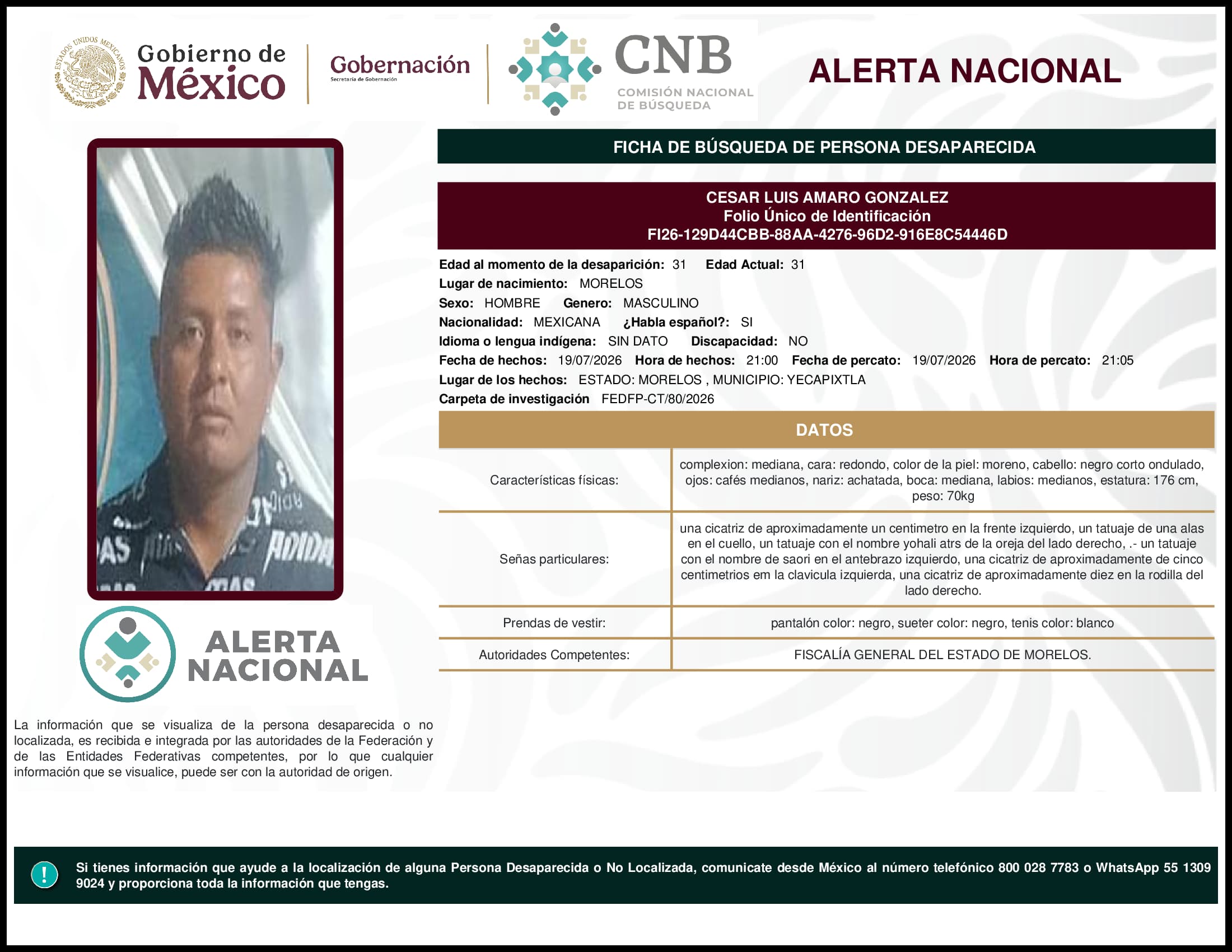 Persona desaparecida Cesar Luis Amaro Gonzalez