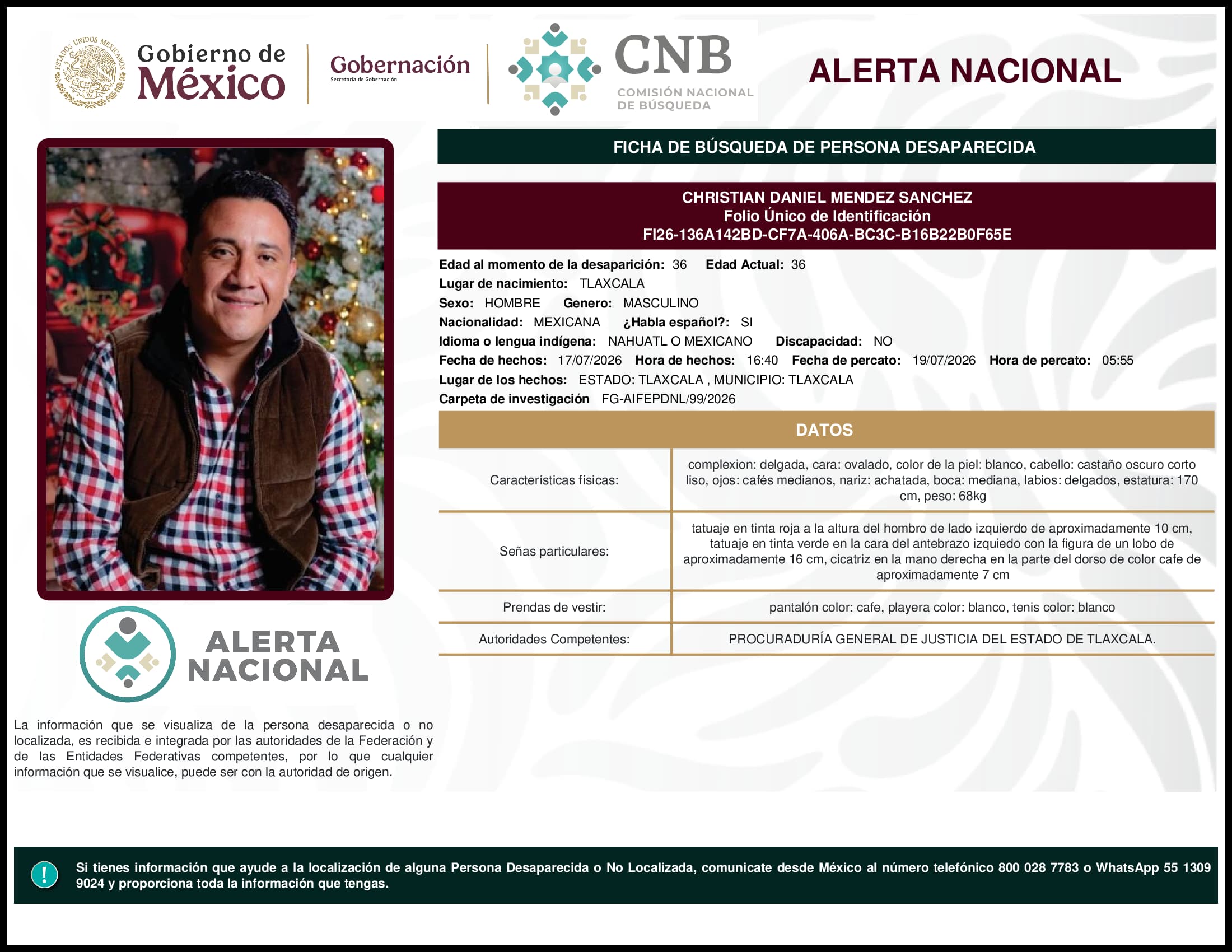 Persona desaparecida Christian Daniel Mendez Sanchez