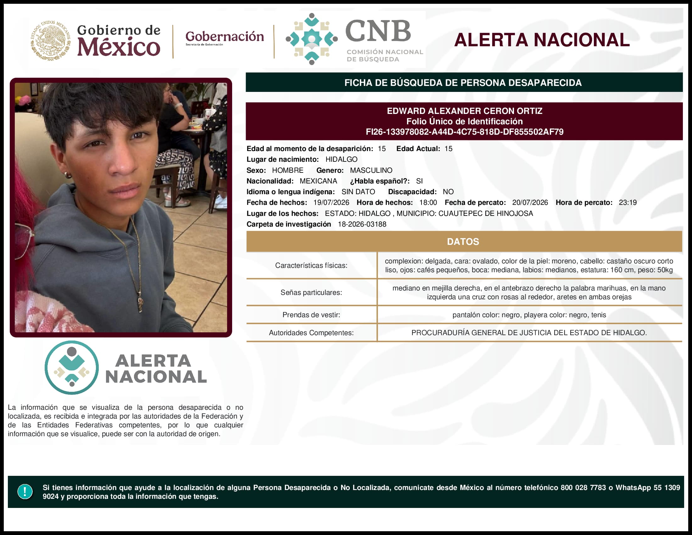 Persona desaparecida Edward Alexander Ceron Ortiz