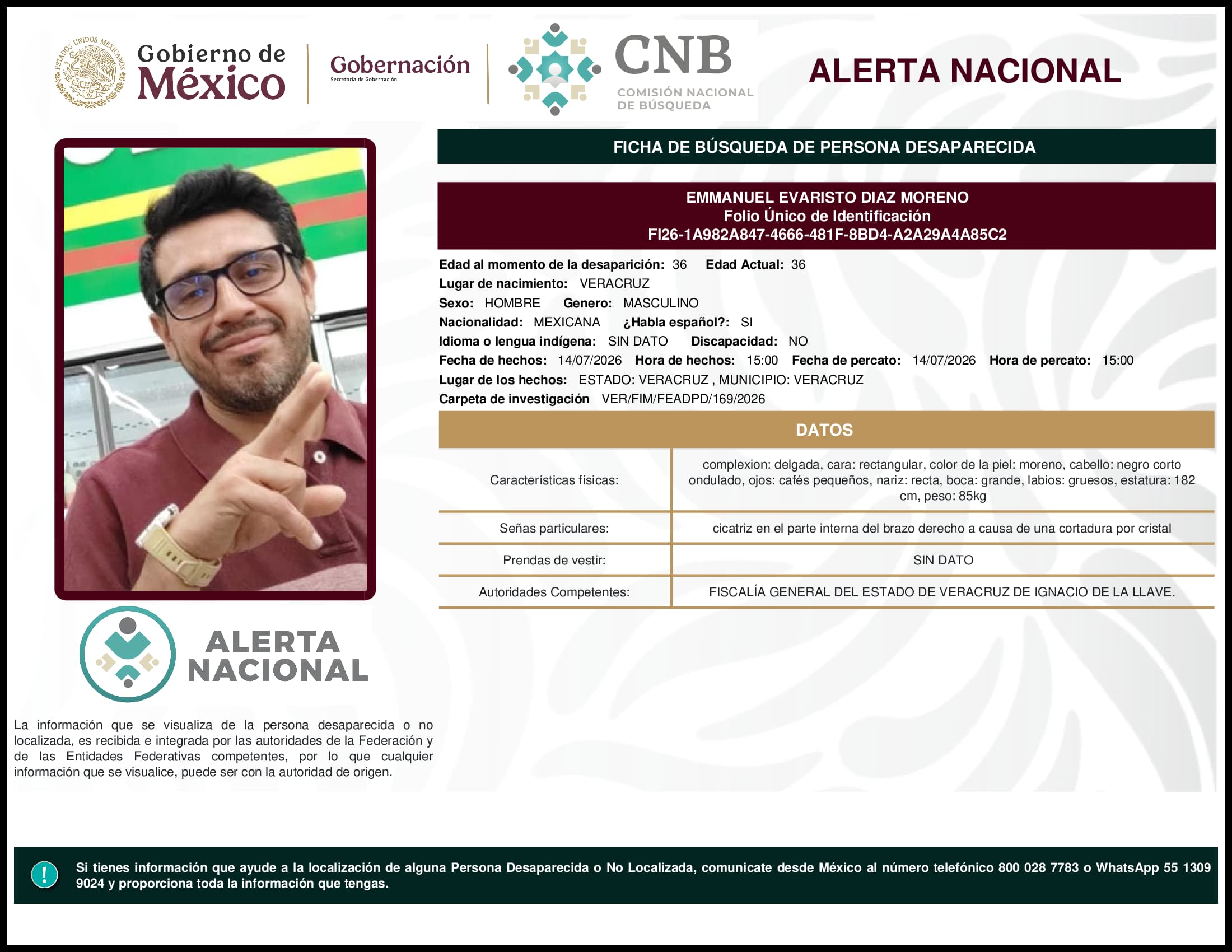 Persona desaparecida Emmanuel Evaristo Diaz Moreno