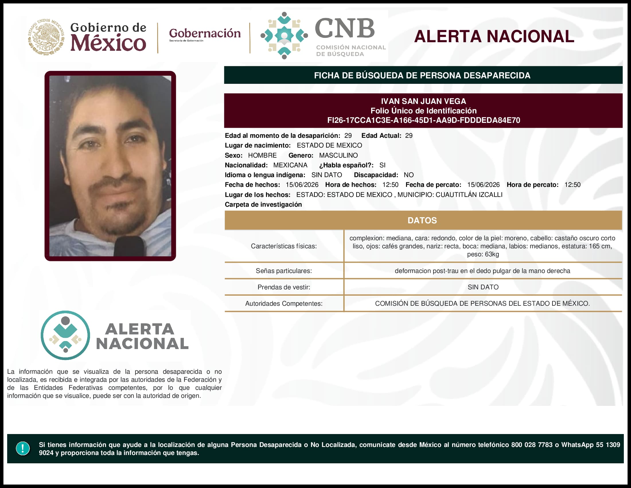 Persona desaparecida Ivan San Juan Vega