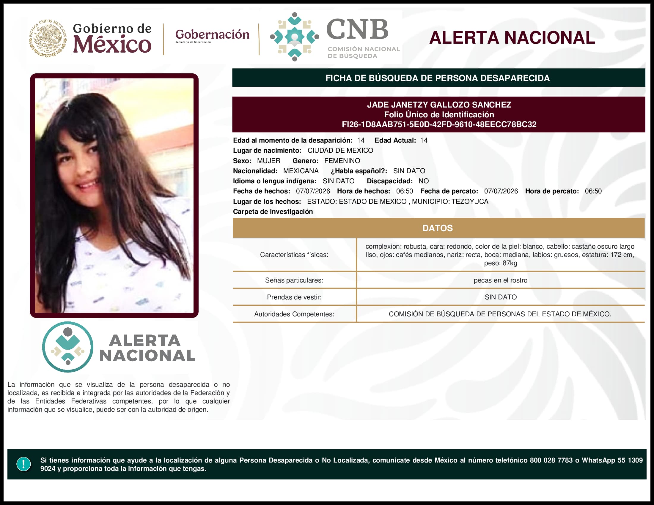 Persona desaparecida Jade Janetzy Gallozo Sanchez