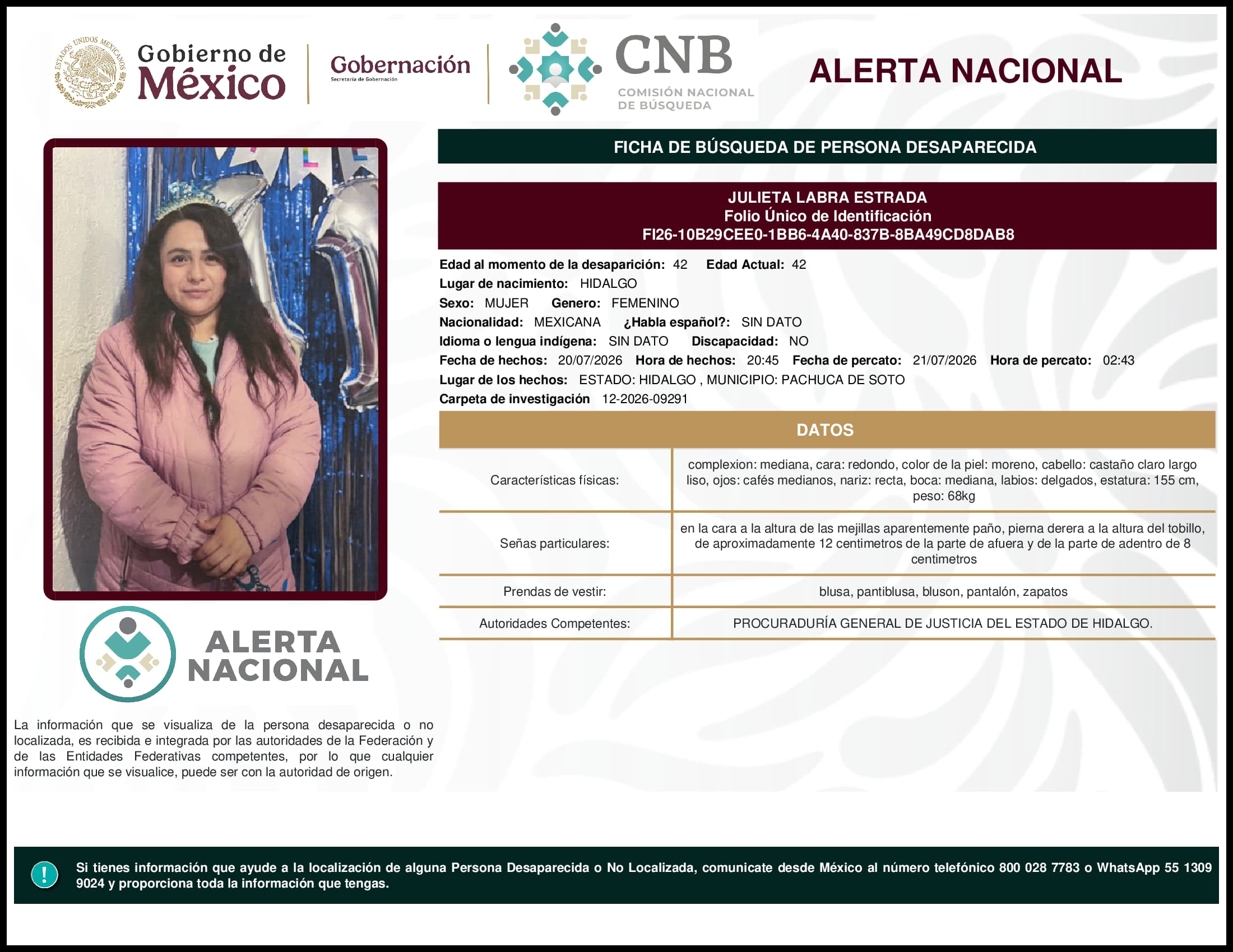 Persona desaparecida Julieta Labra Estrada