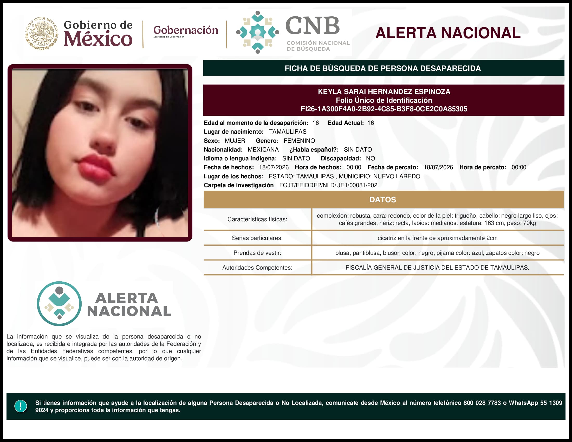 Persona desaparecida Keyla Sarai Hernandez Espinoza