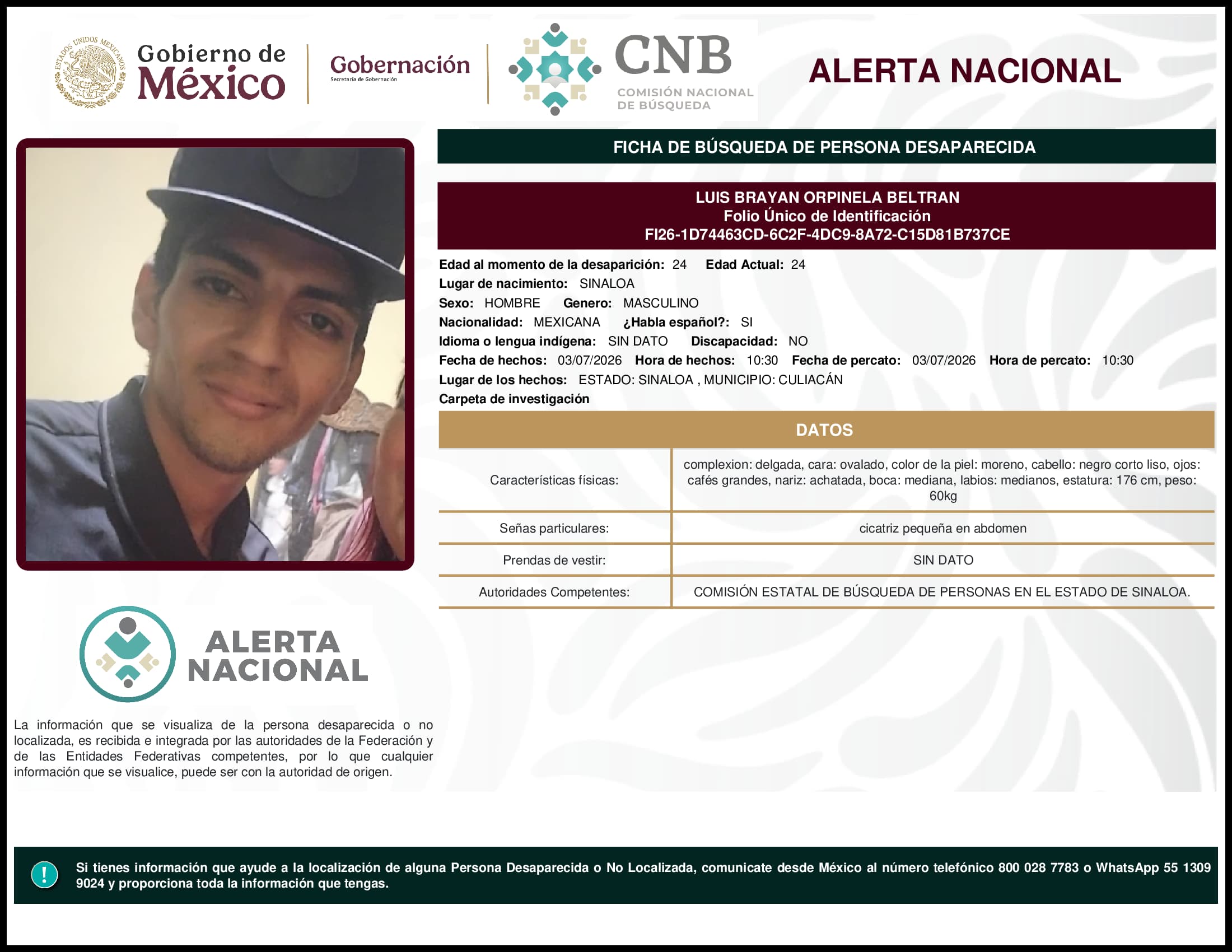 Persona desaparecida Luis Brayan Orpinela Beltran