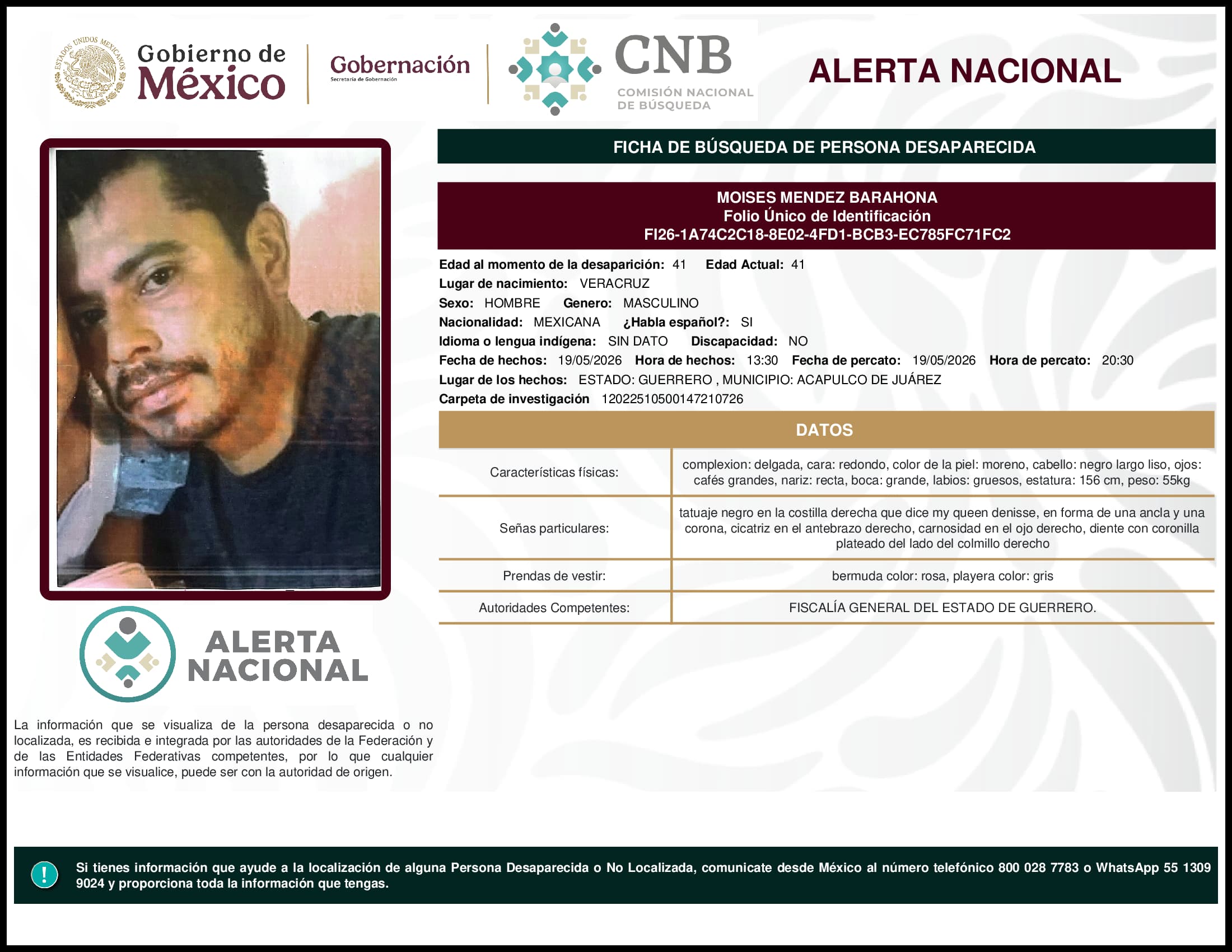 Persona desaparecida Moises Mendez Barahona