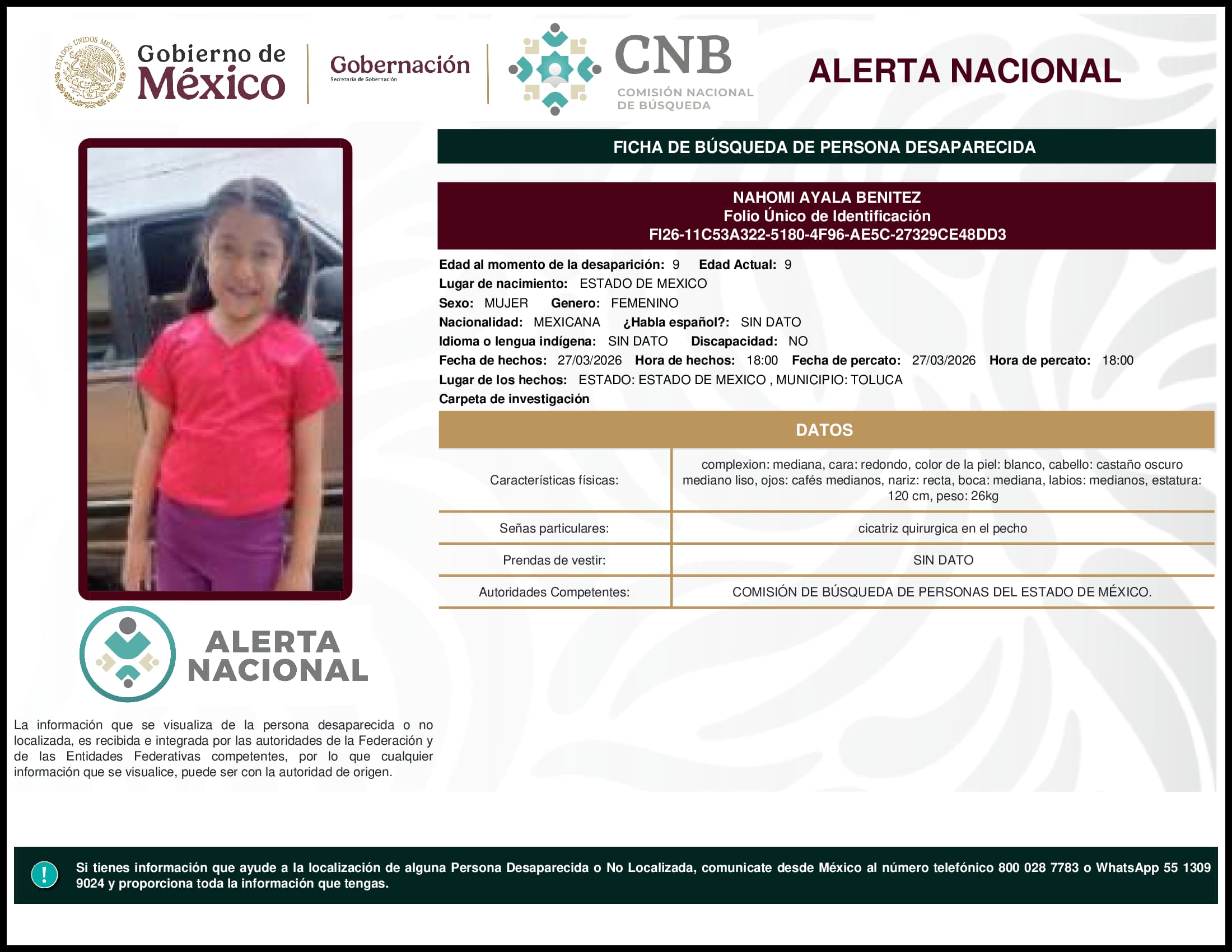 Persona desaparecida Nahomi Ayala Benitez