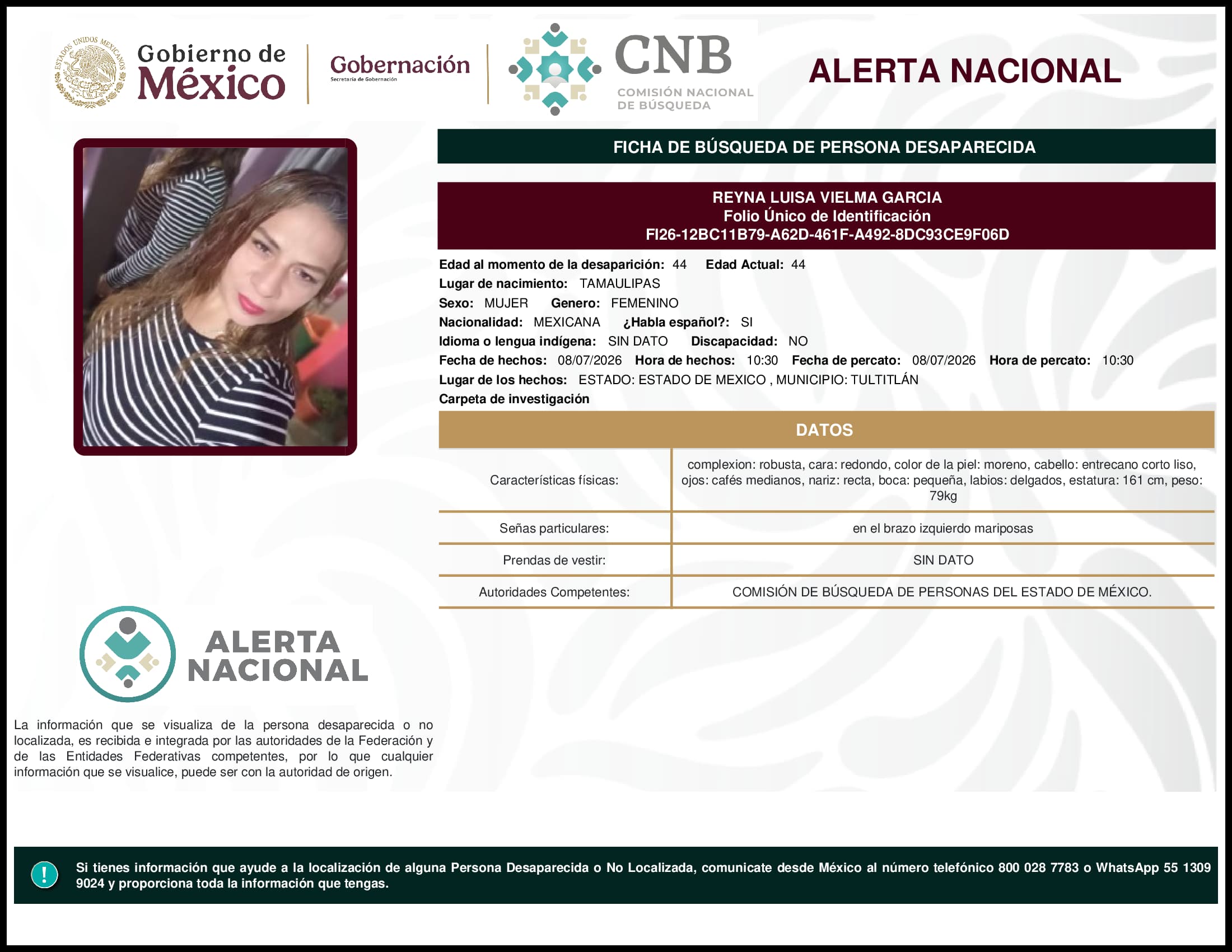Persona desaparecida Reyna Luisa Vielma Garcia