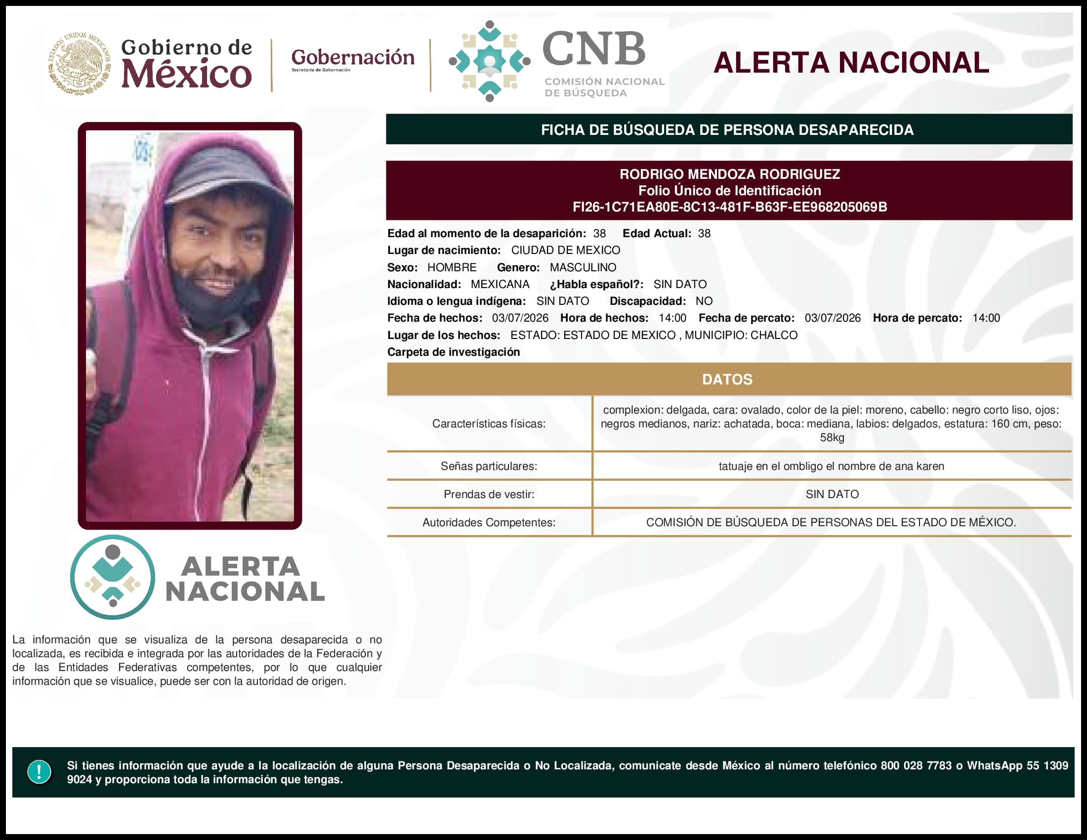 Persona desaparecida Rodrigo Mendoza Rodriguez