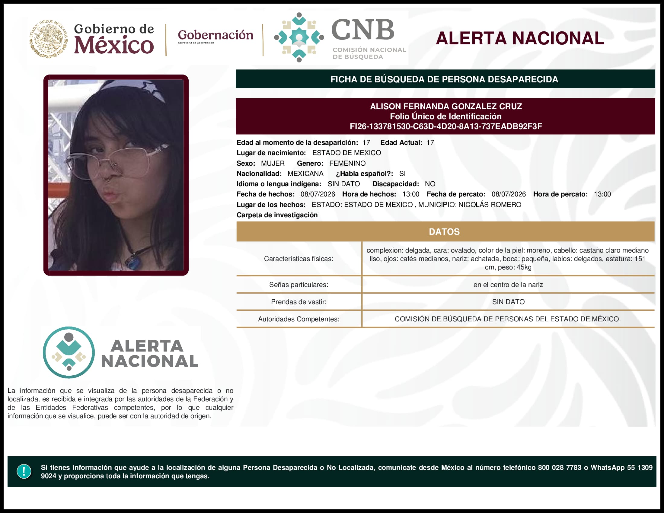 Persona desaparecida Alison Fernanda Gonzalez Cruz