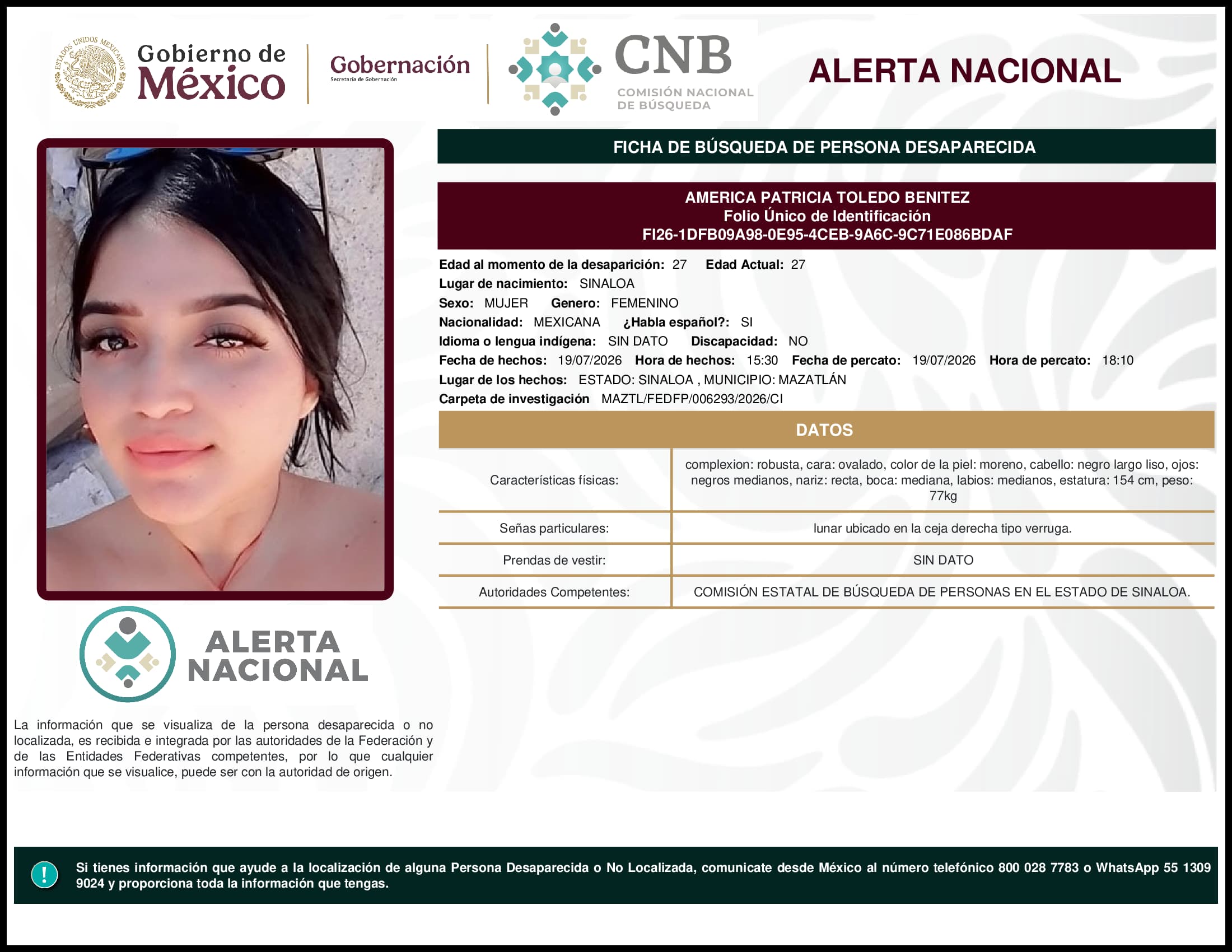 Persona desaparecida America Patricia Toledo Benitez