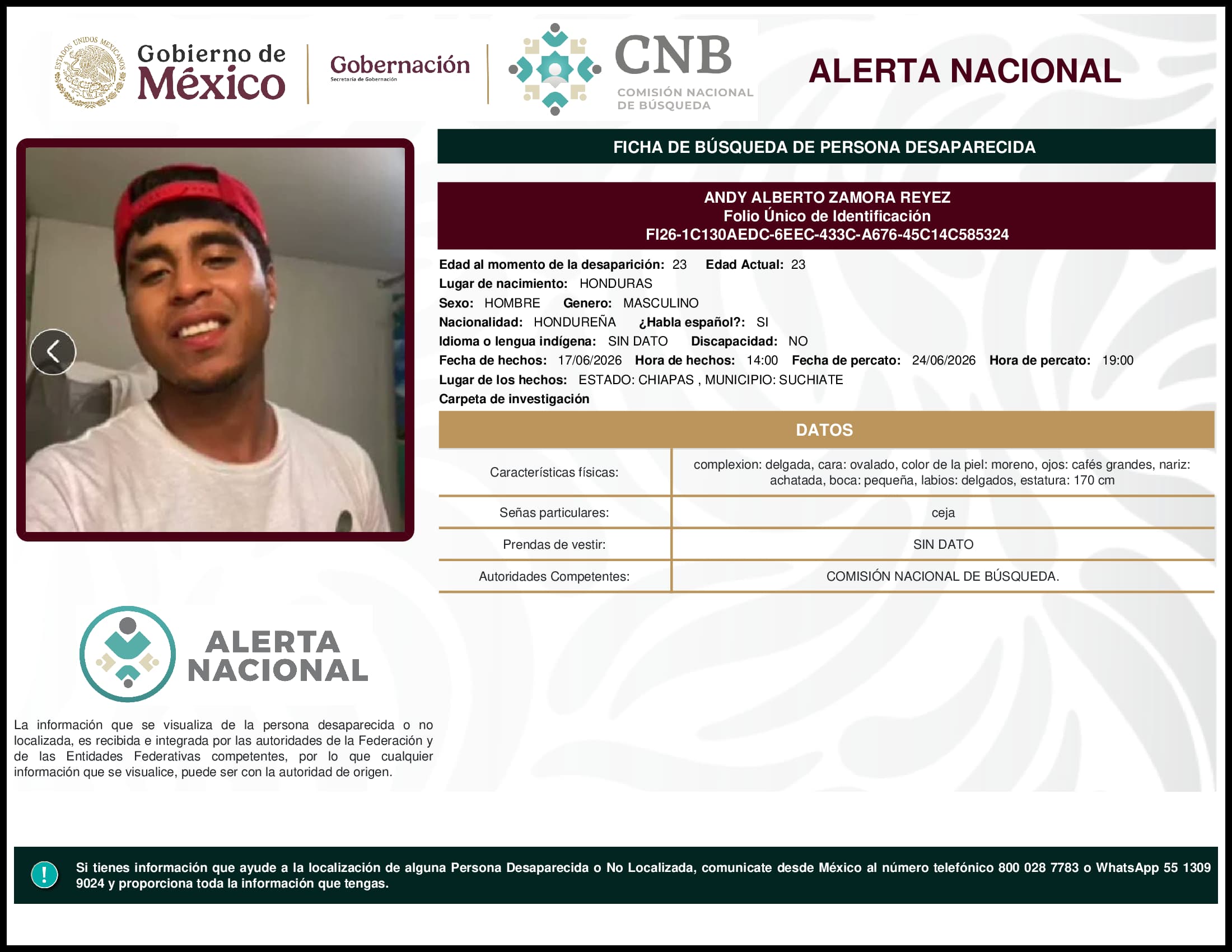 Persona desaparecida Andy Alberto Zamora Reyez