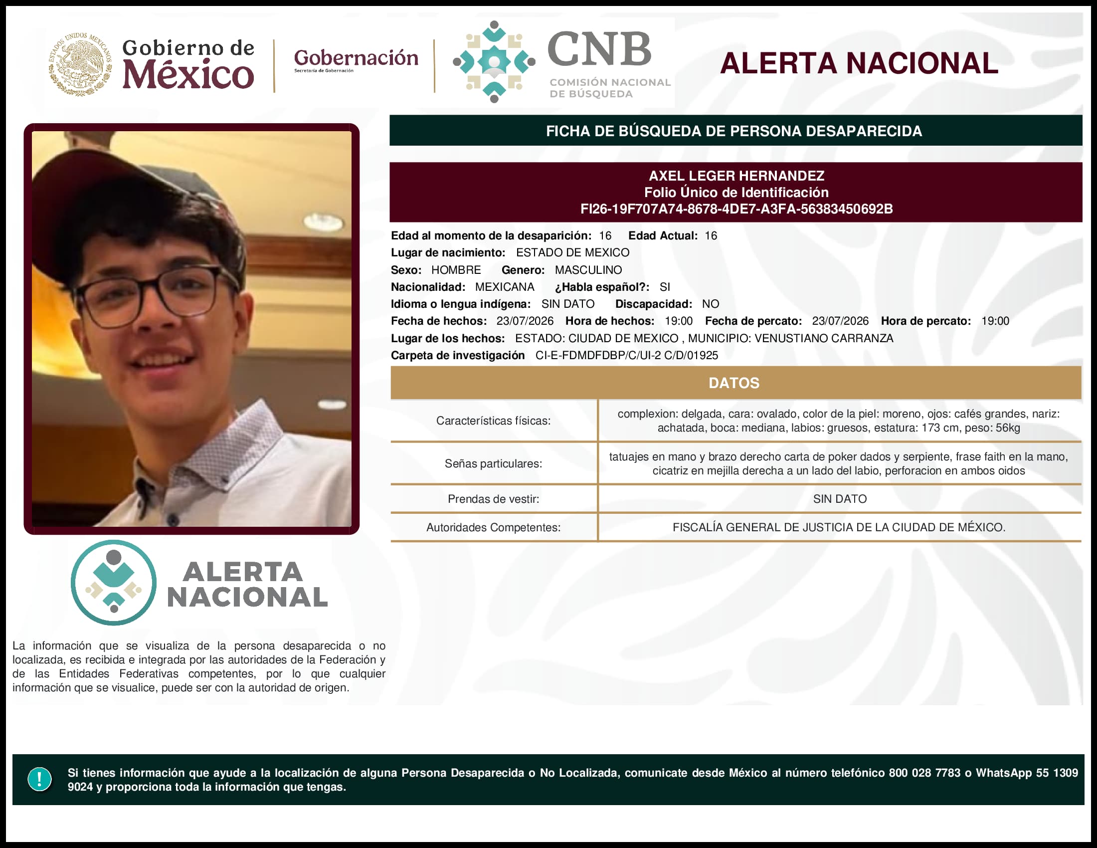 Persona desaparecida Axel Leger Hernandez