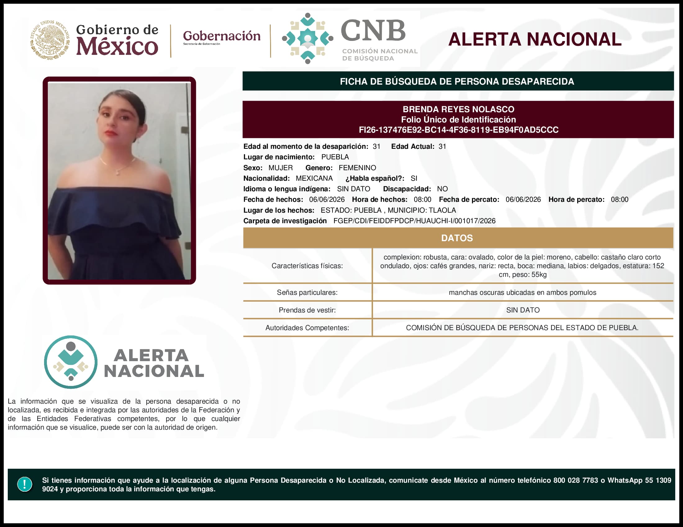 Persona desaparecida Brenda Reyes Nolasco