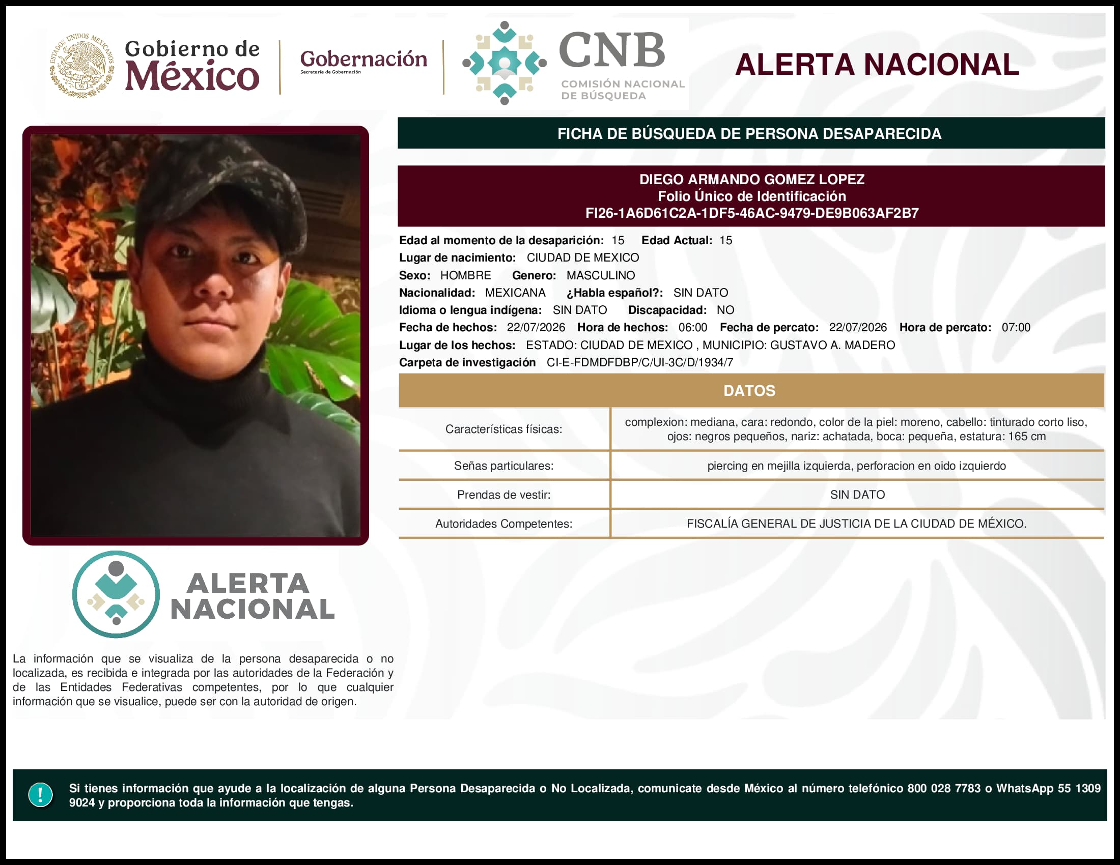 Persona desaparecida Diego Armando Gomez Lopez