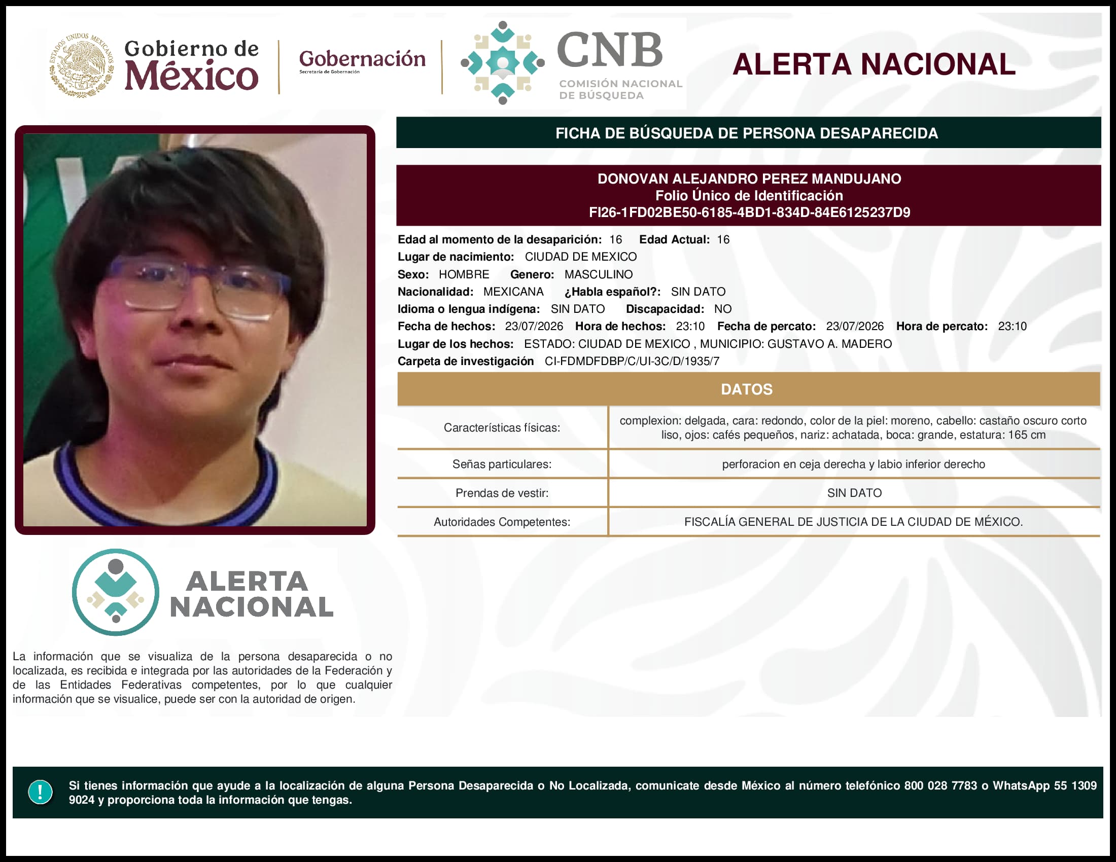 Persona desaparecida Donovan Alejandro Perez Mandujano