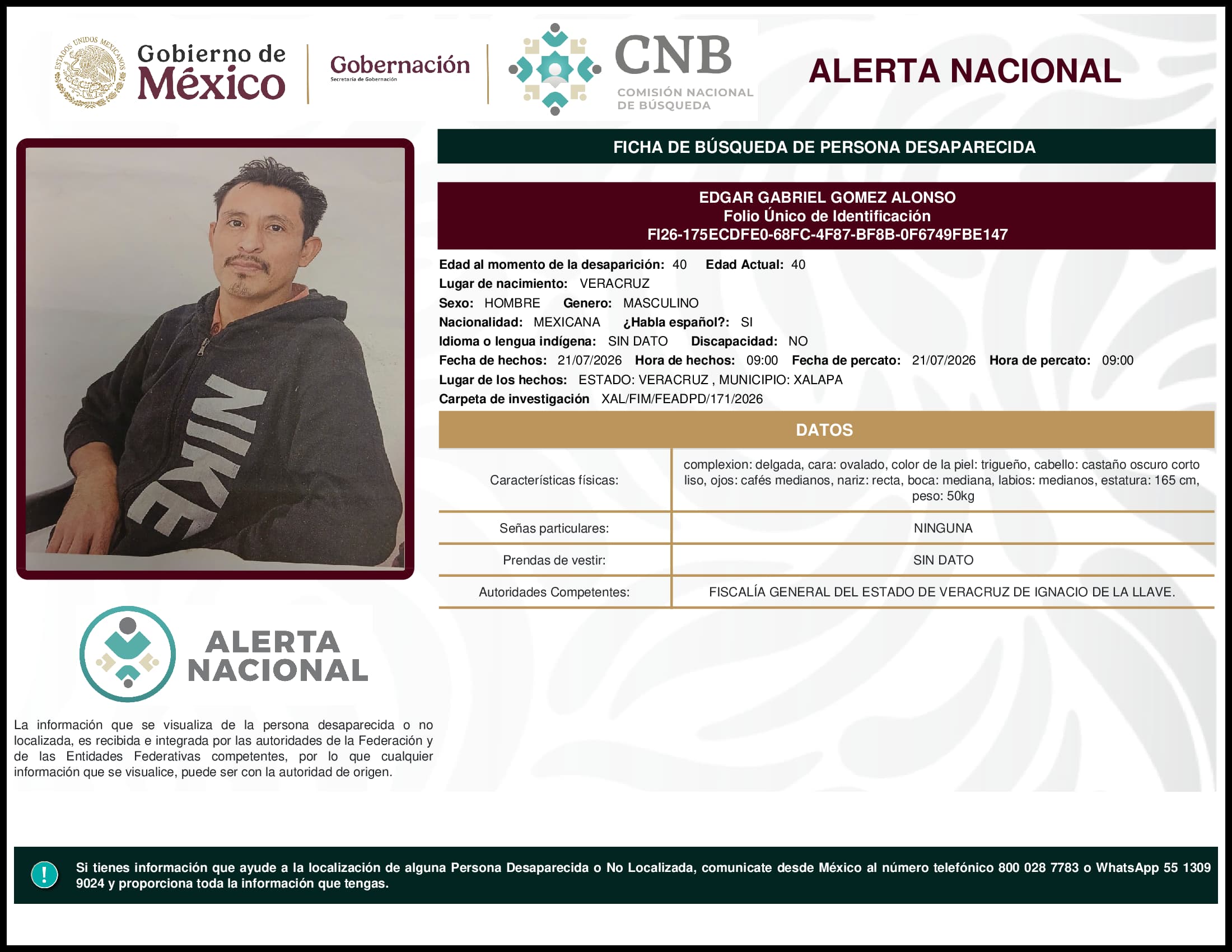 Persona desaparecida Edgar Gabriel Gomez Alonso
